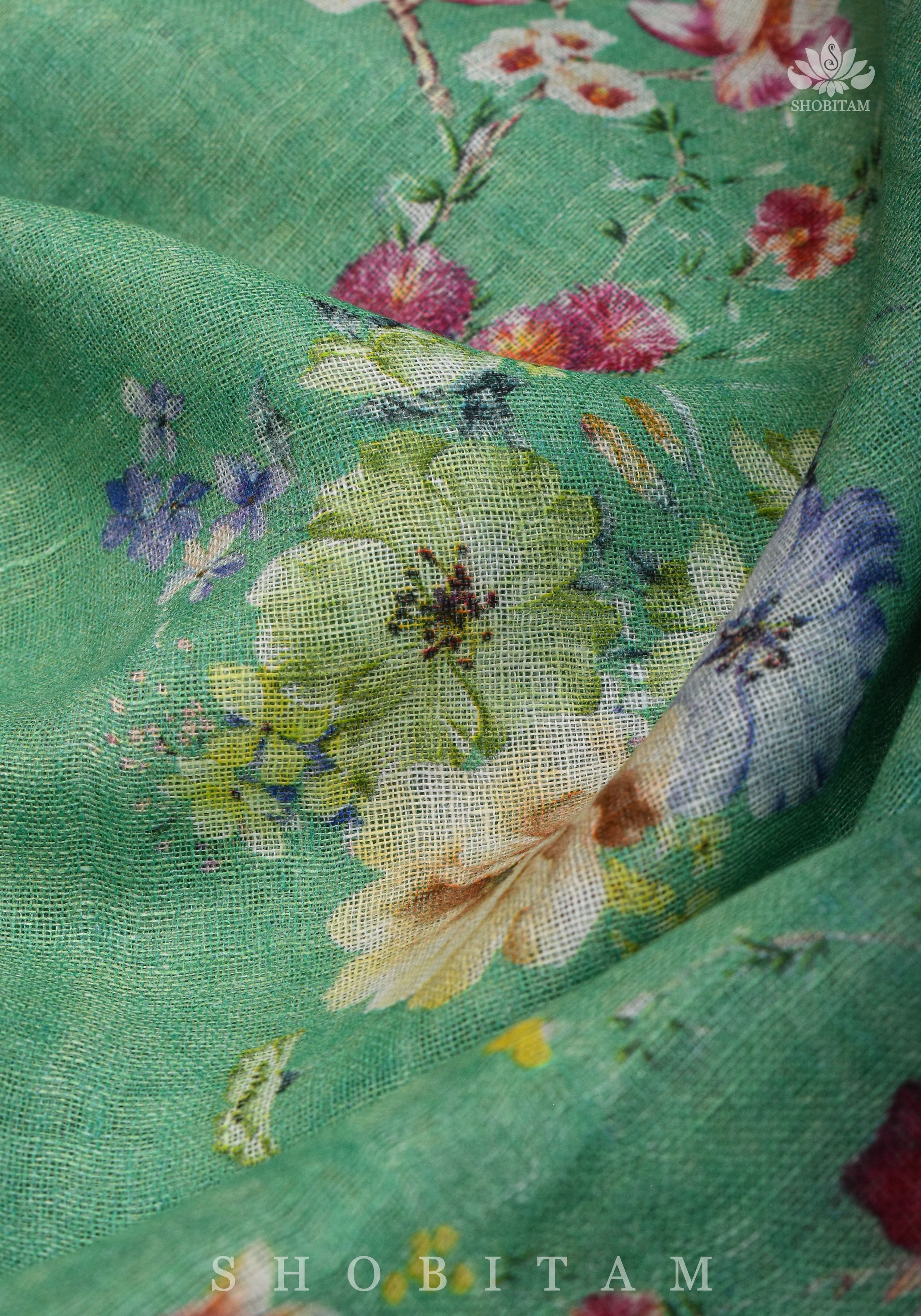 Green Digital Printed Silk Linen saree | Shobitam