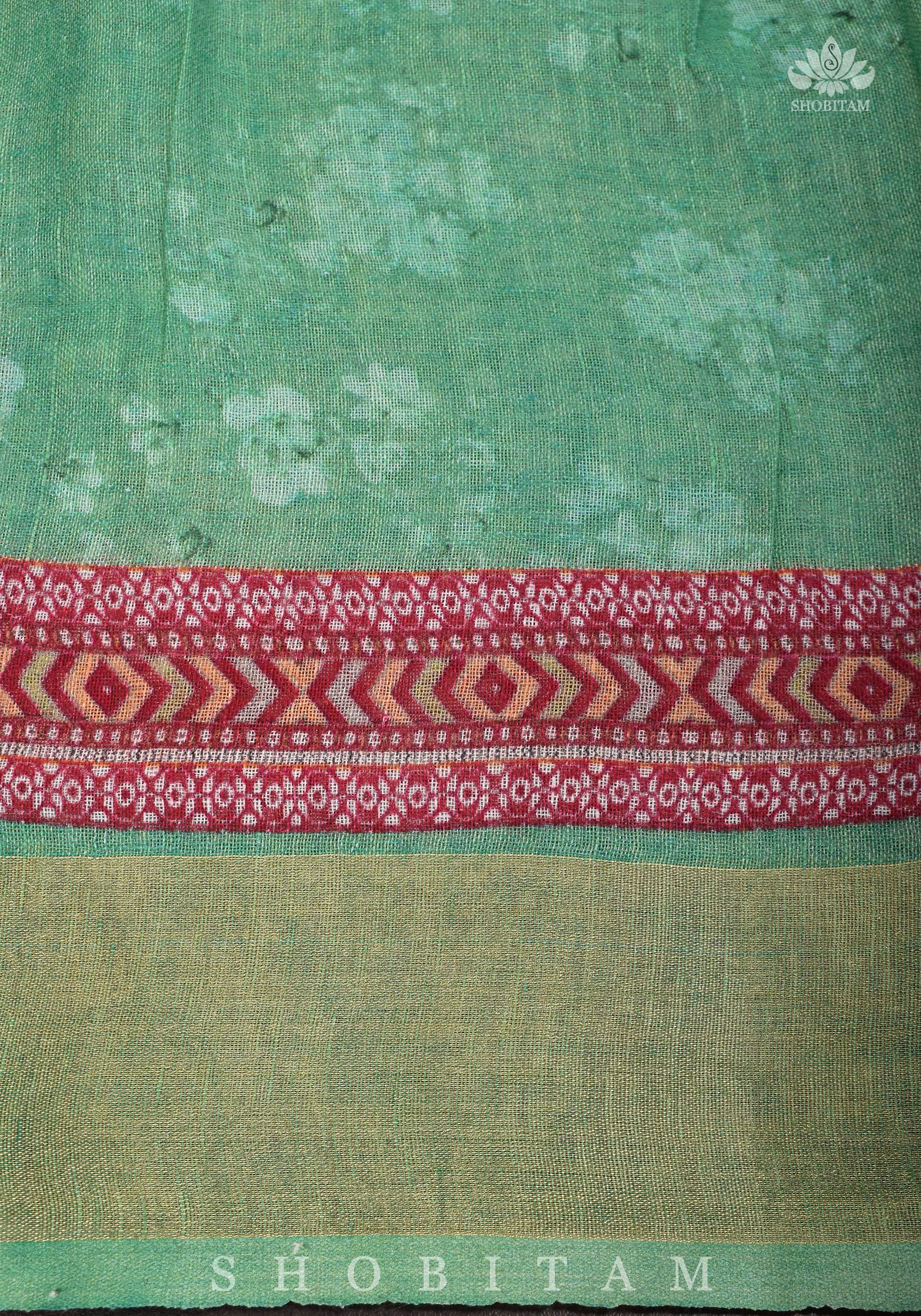 Green Digital Printed Silk Linen saree | Shobitam