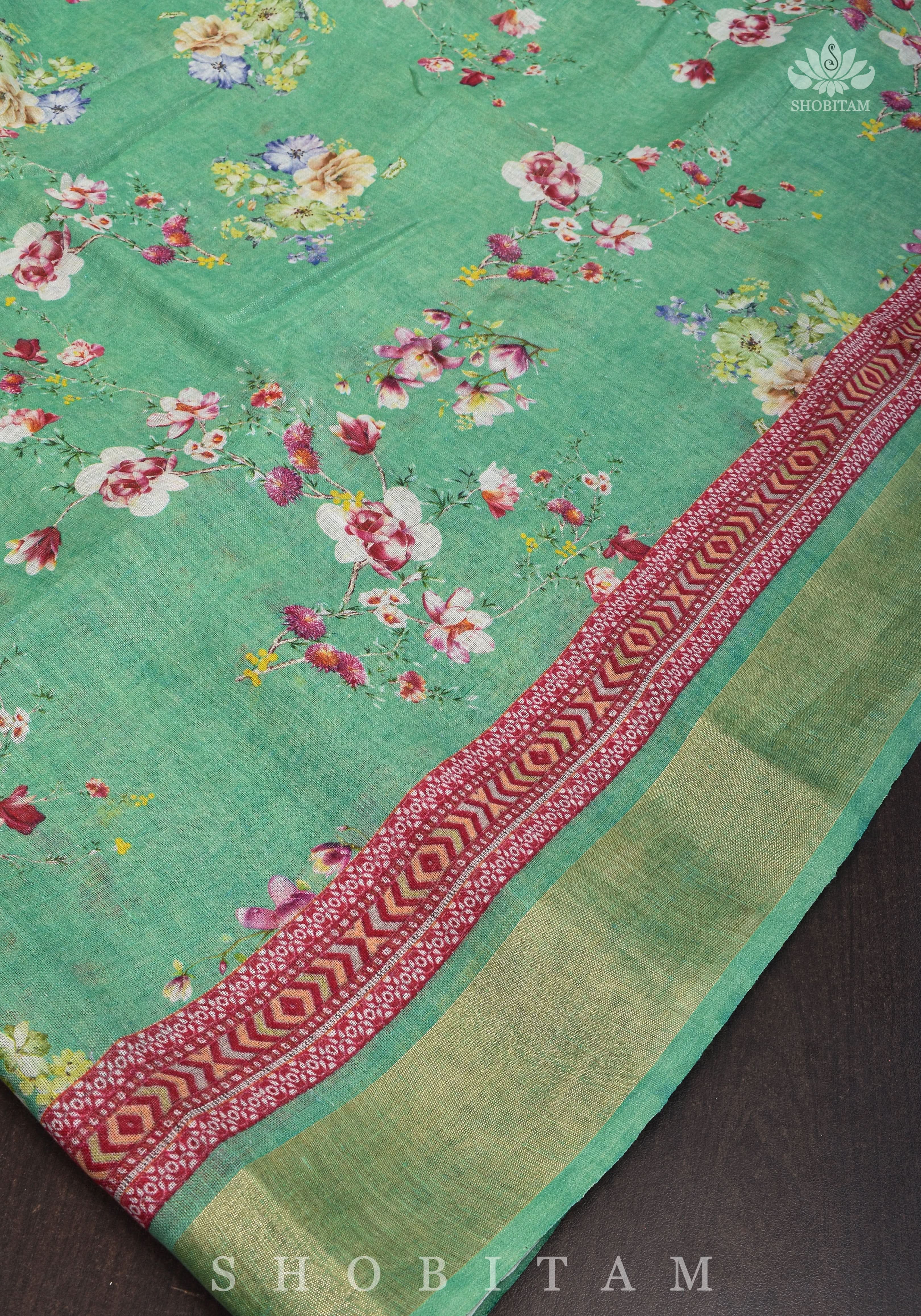 Green Digital Printed Silk Linen saree | Shobitam