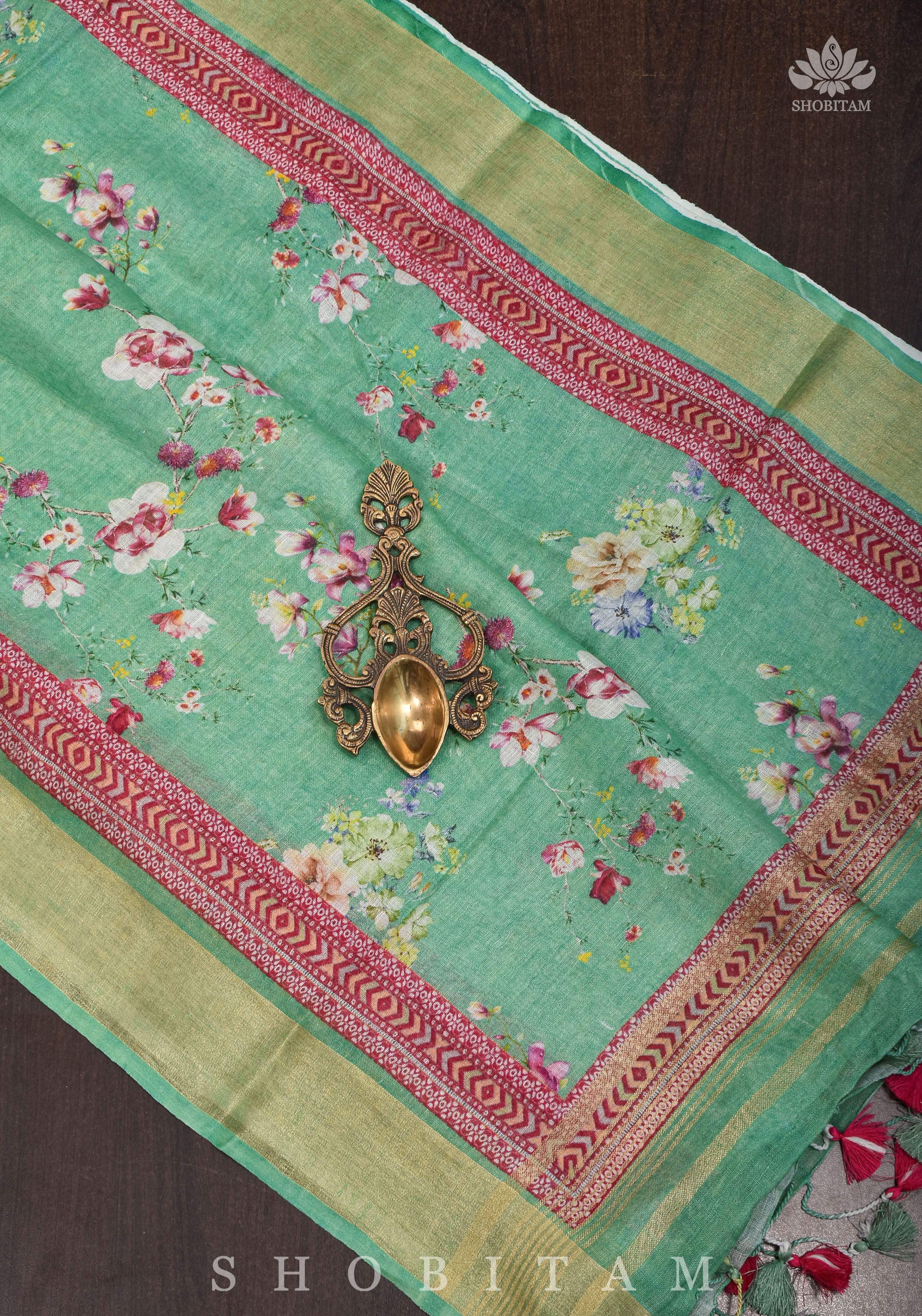 Green Digital Printed Silk Linen saree | Shobitam