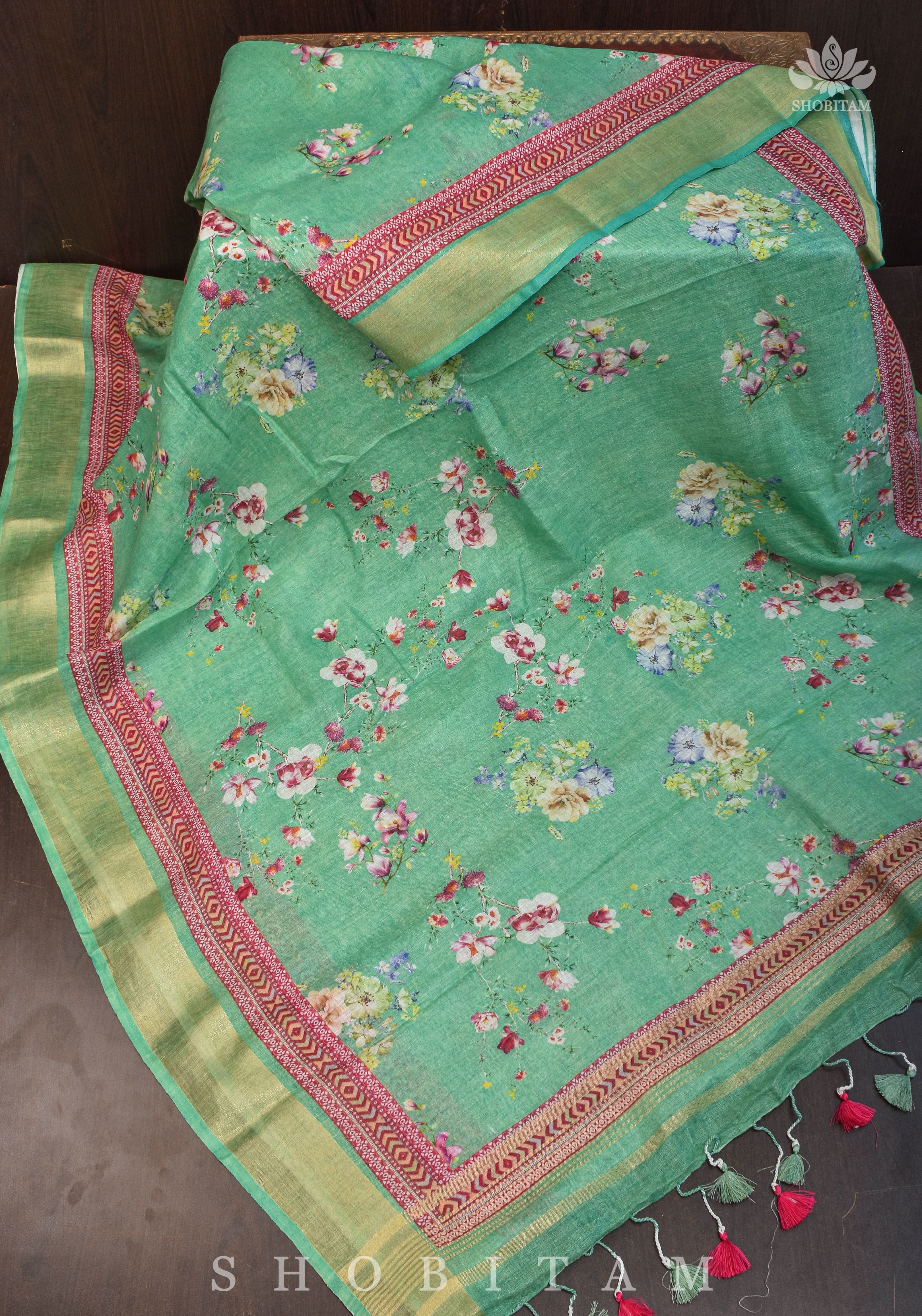 Green Digital Printed Silk Linen saree | Shobitam