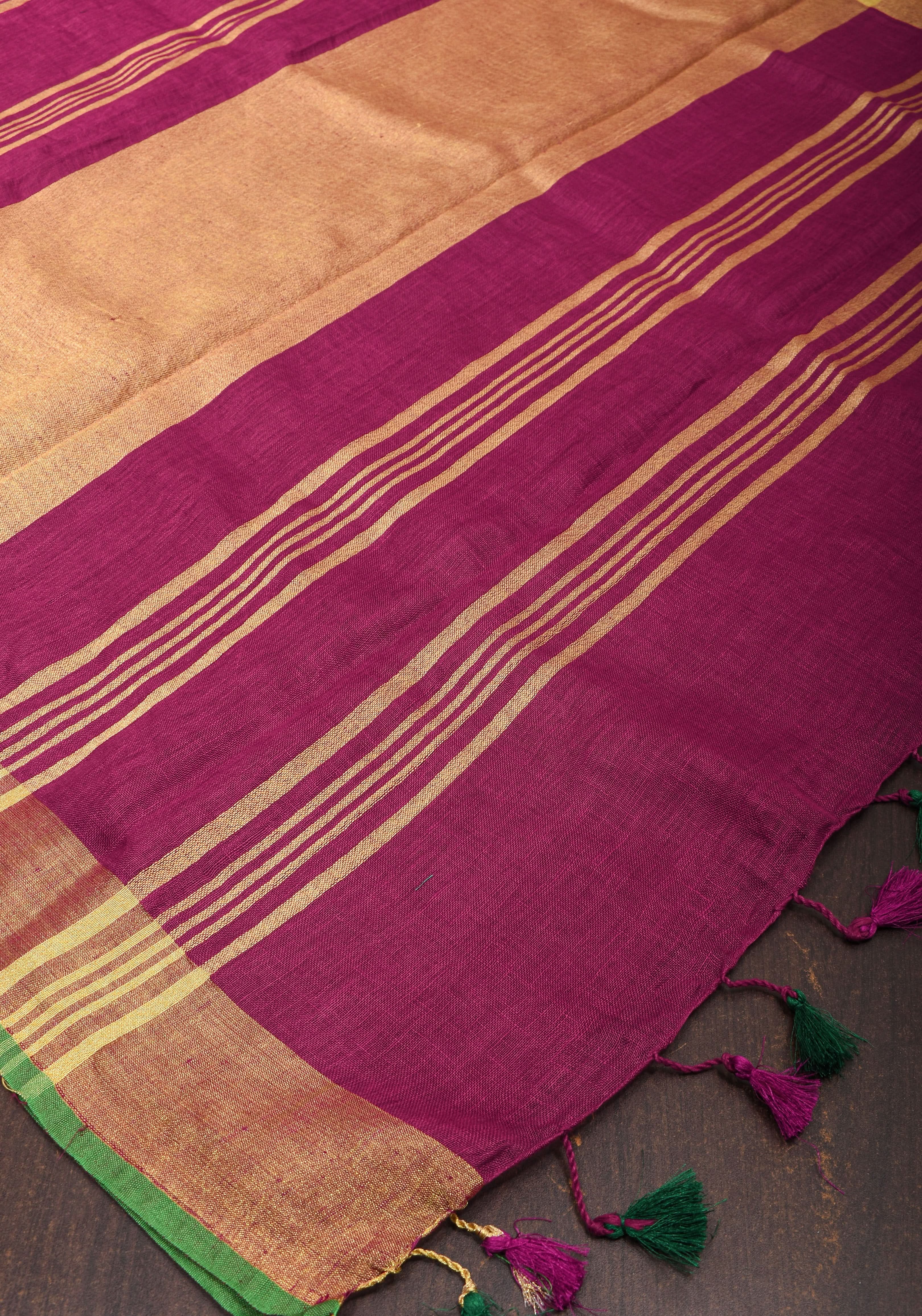Magenta Pink and Green Linen Saree with Gold Zari Border and Green Selvedge | Shobitam