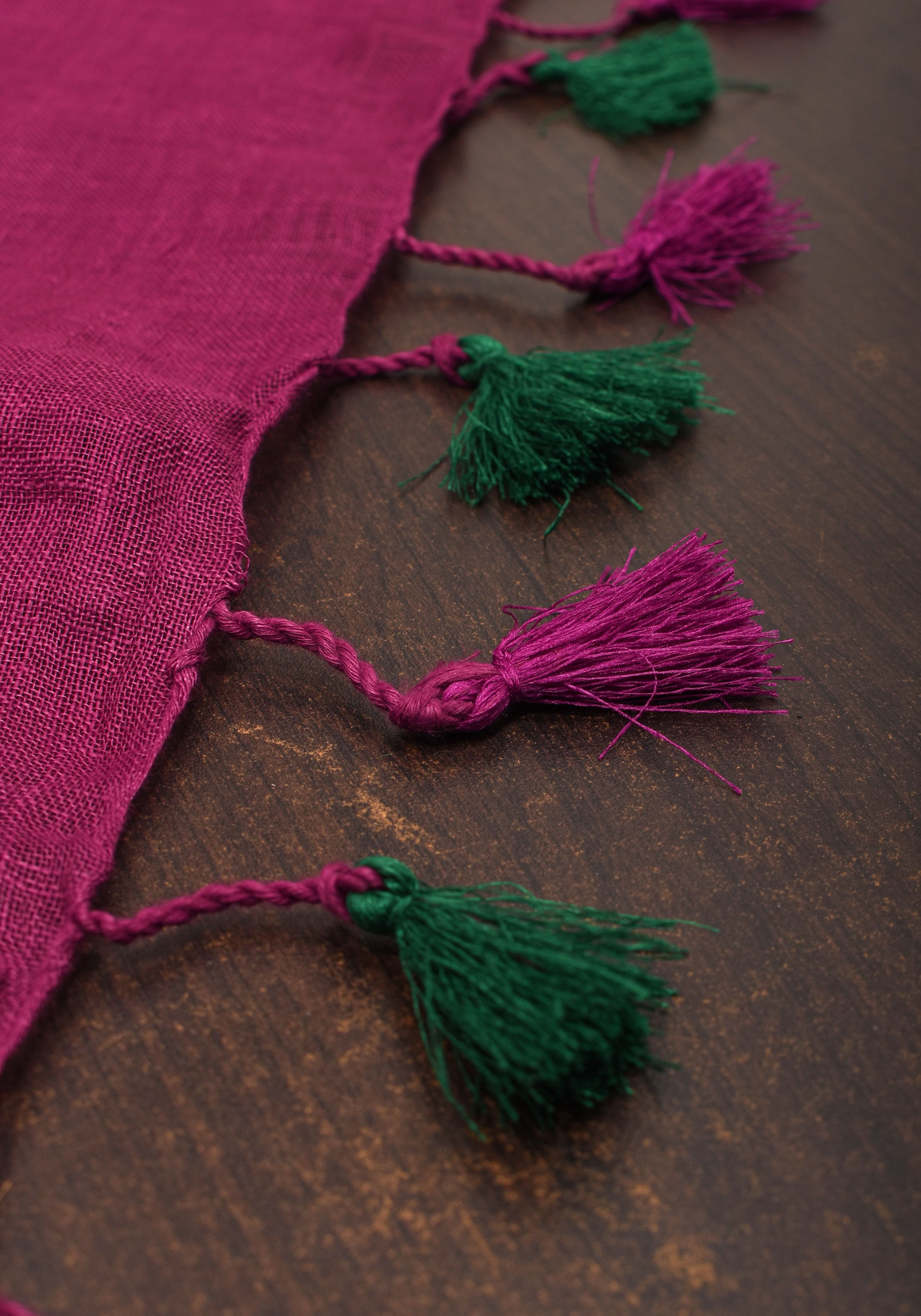 Magenta Pink and Green Linen Saree with Gold Zari Border and Green Selvedge | Shobitam