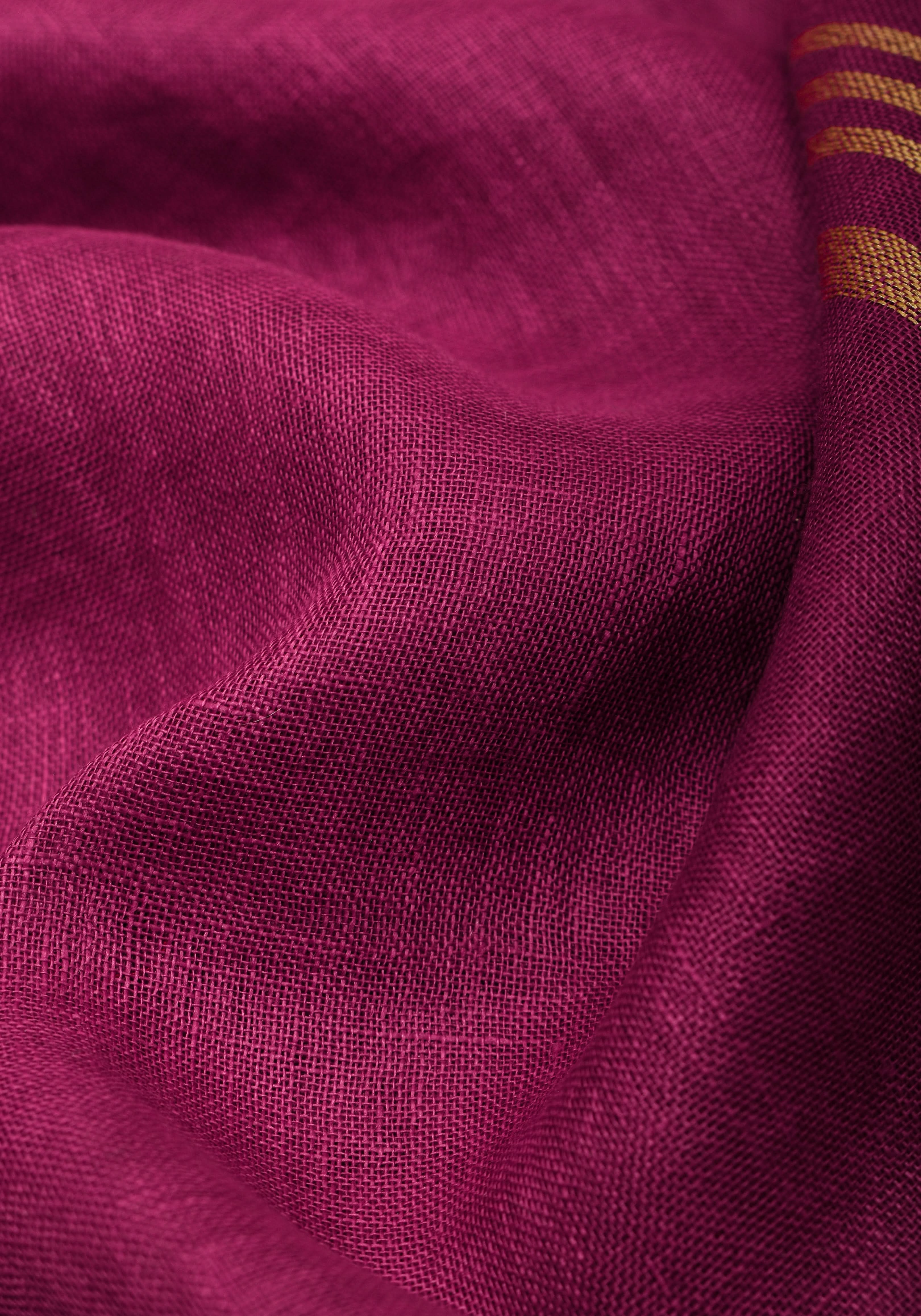 Magenta Pink and Green Linen Saree with Gold Zari Border and Green Selvedge | Shobitam