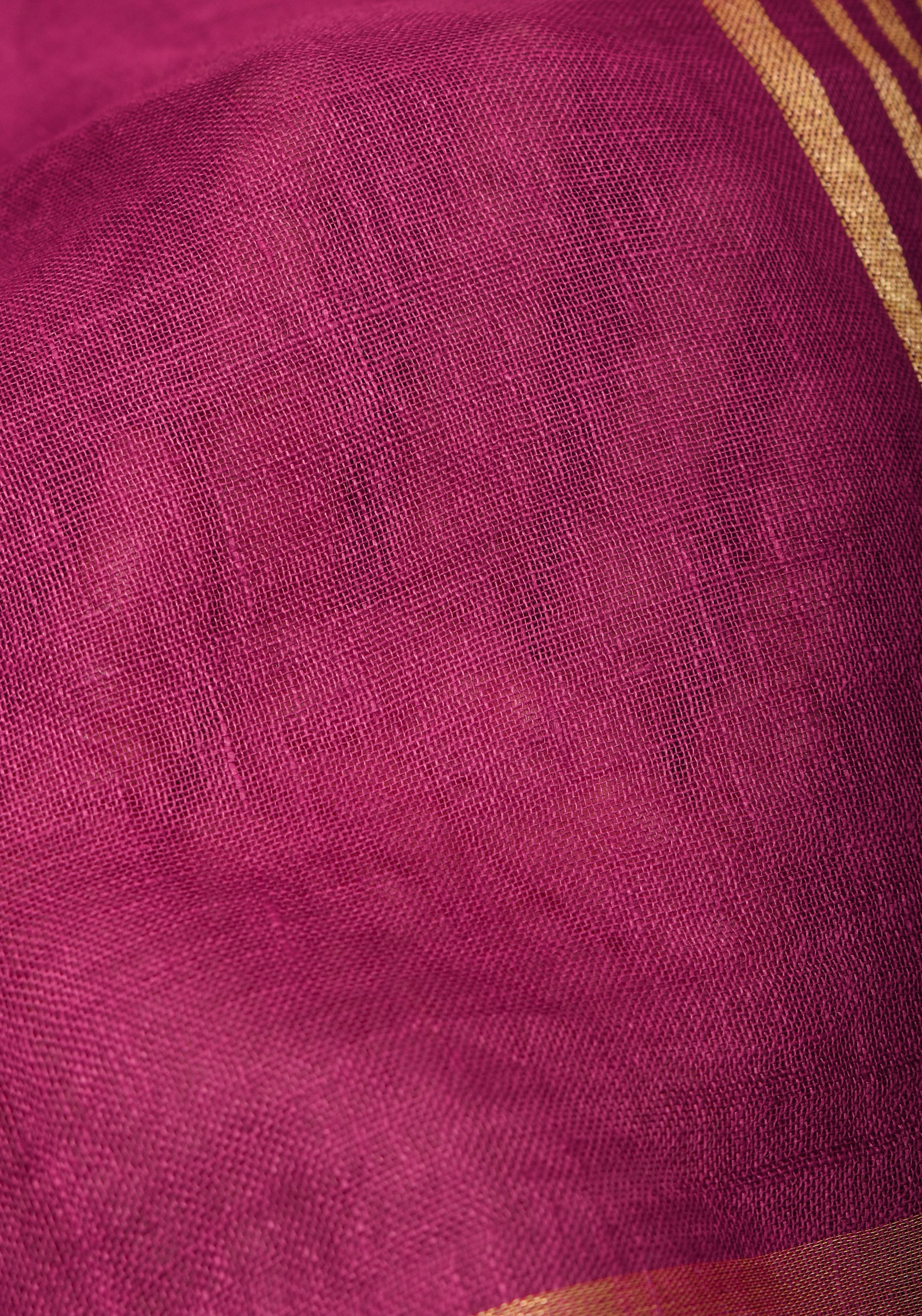 Magenta Pink and Green Linen Saree with Gold Zari Border and Green Selvedge | Shobitam