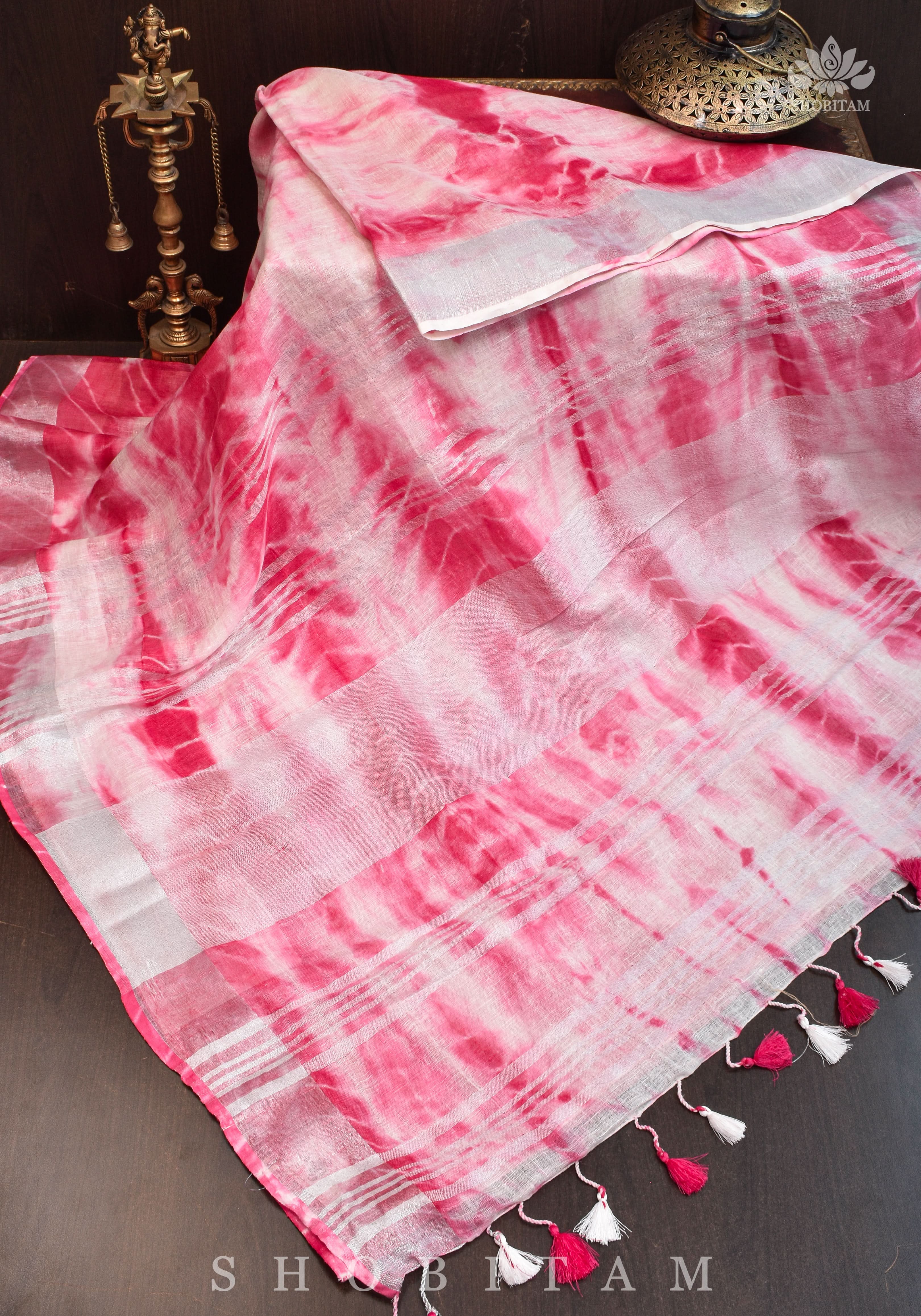 Shibori in Pink & White on Pure Linen by Linen Saree with Muted Silver Zari Border | Shobitam