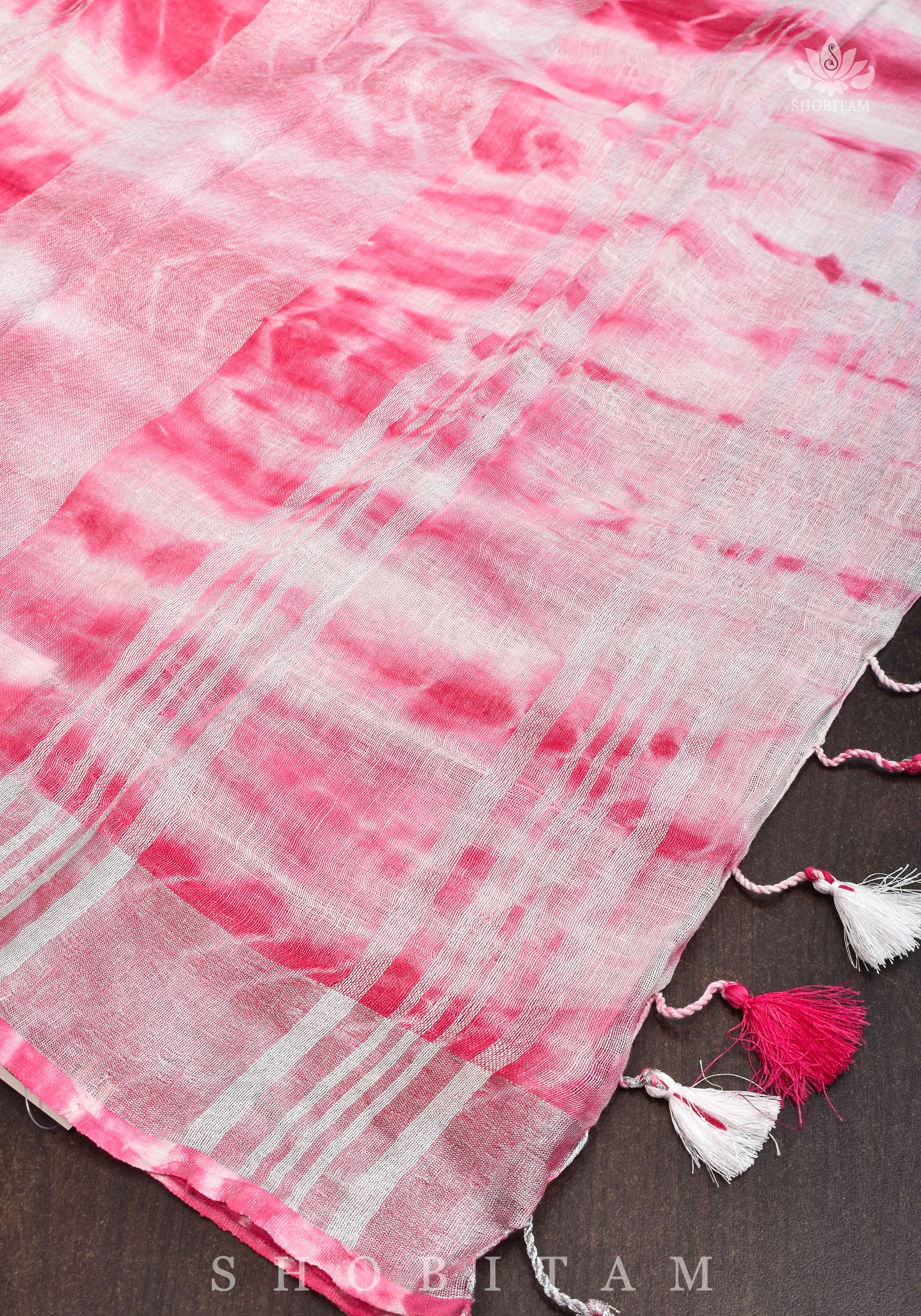 Shibori in Pink & White on Pure Linen by Linen Saree with Muted Silver Zari Border | Shobitam