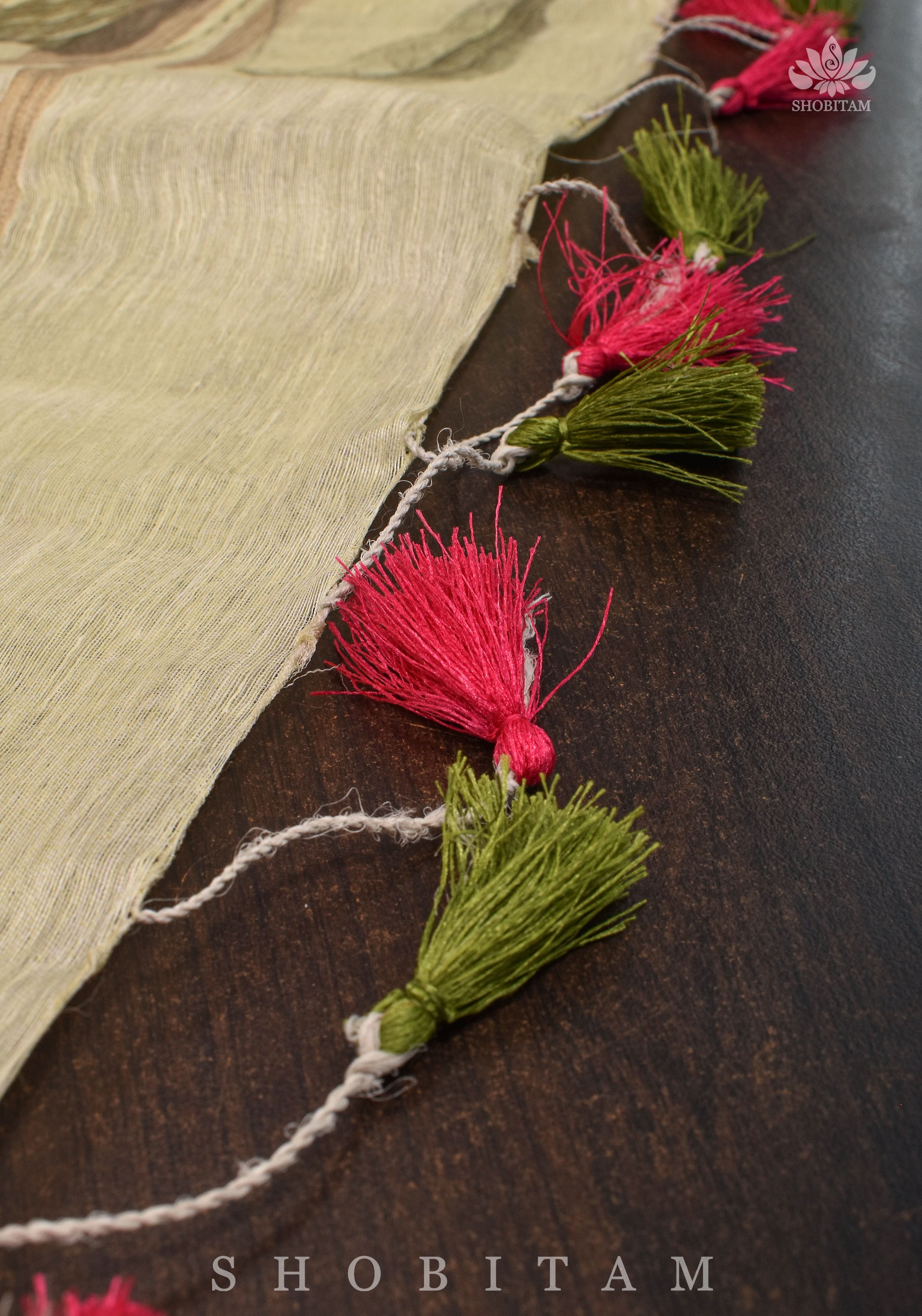 Charming Cream Floral Print Silk Linen Saree with long tassels | Shobitam