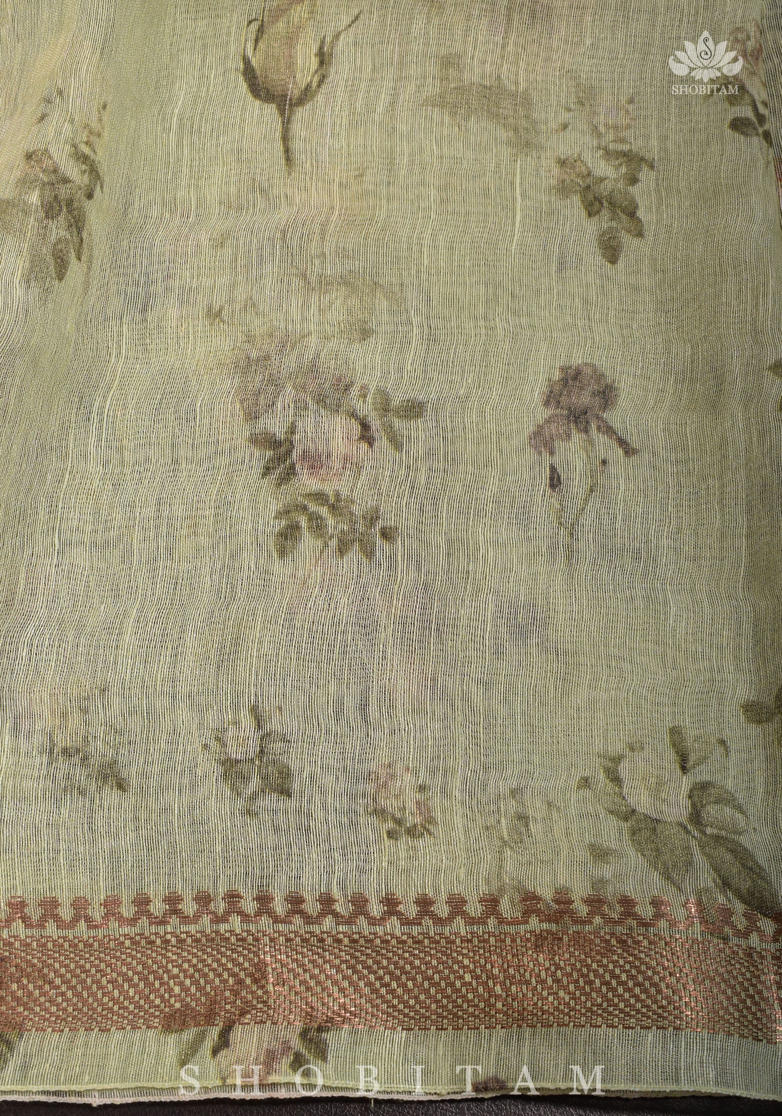 Charming Cream Floral Print Silk Linen Saree with long tassels | Shobitam
