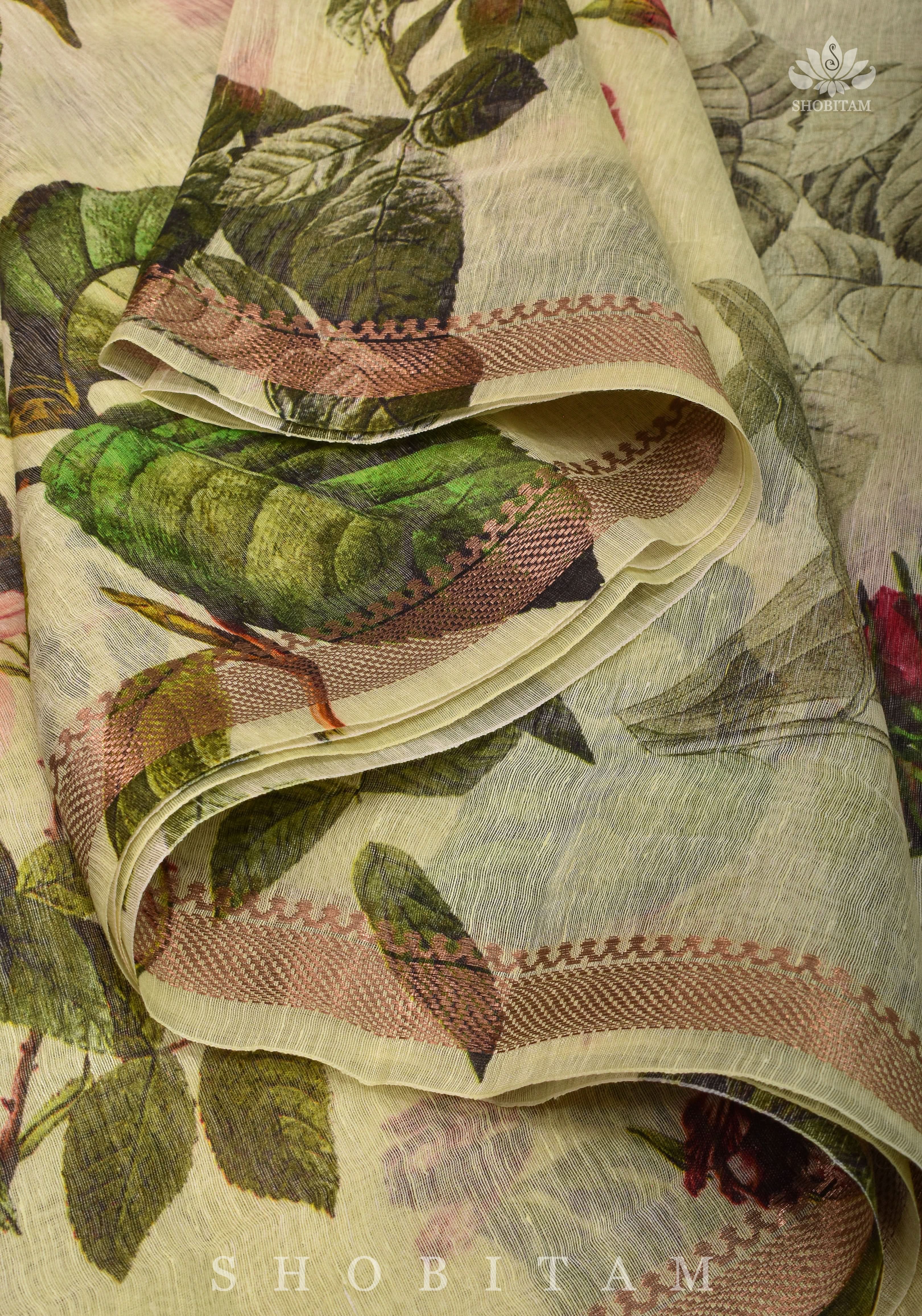 Charming Cream Floral Print Silk Linen Saree with long tassels | Shobitam