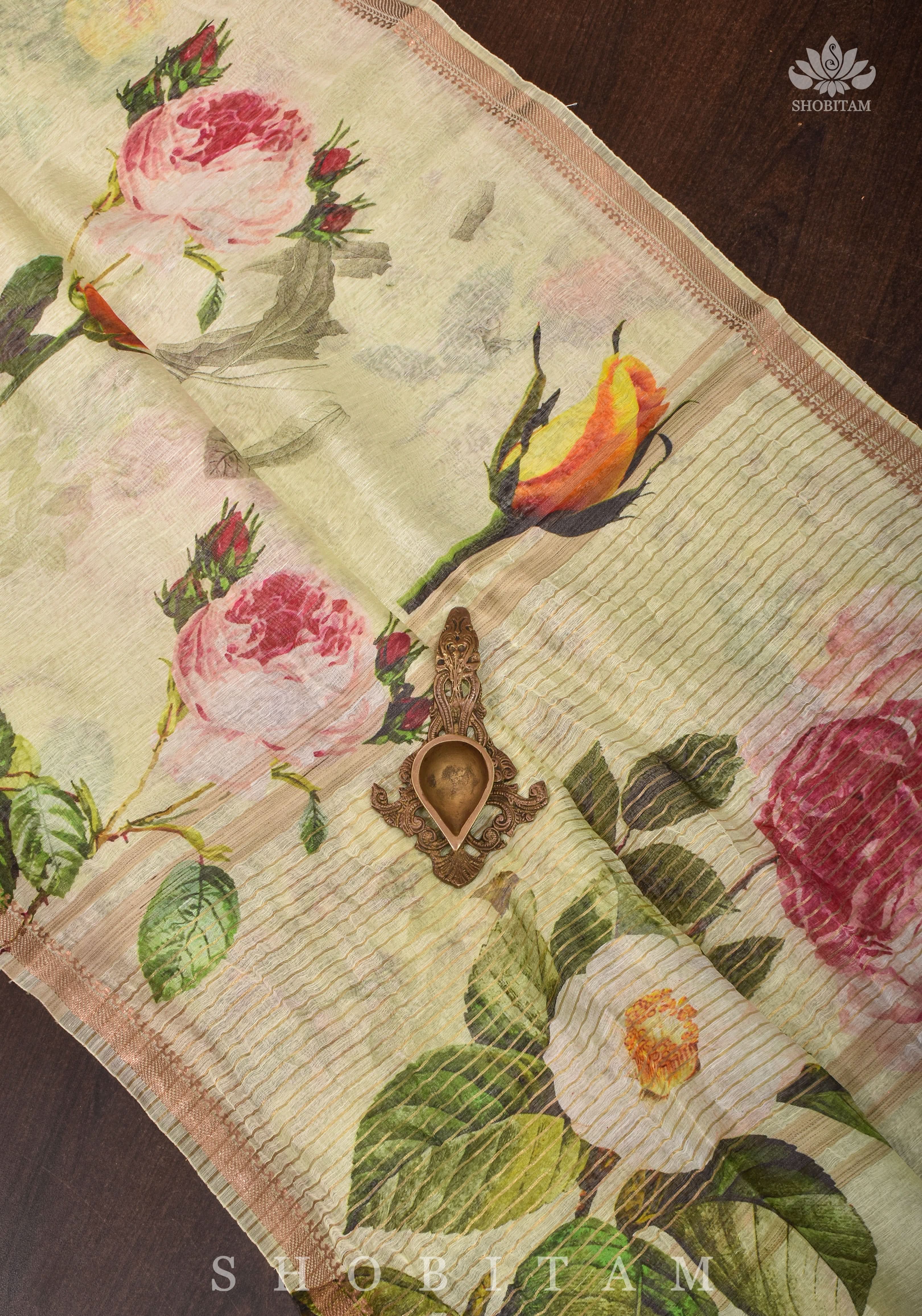 Charming Cream Floral Print Silk Linen Saree with long tassels | Shobitam