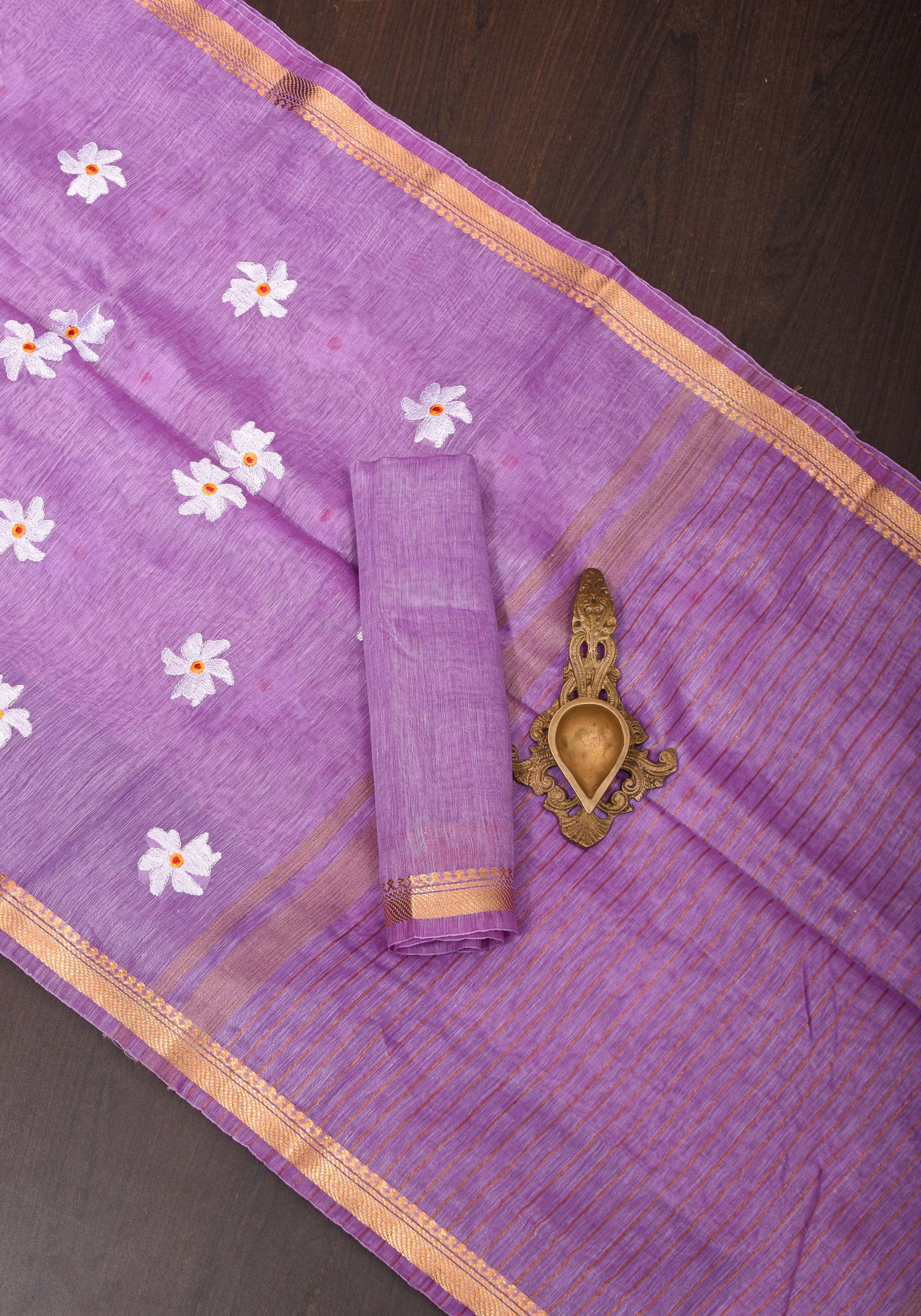 Lavender Tone silk linen saree with white Parijaat Floral embroidery and Zari Border | Shobitam