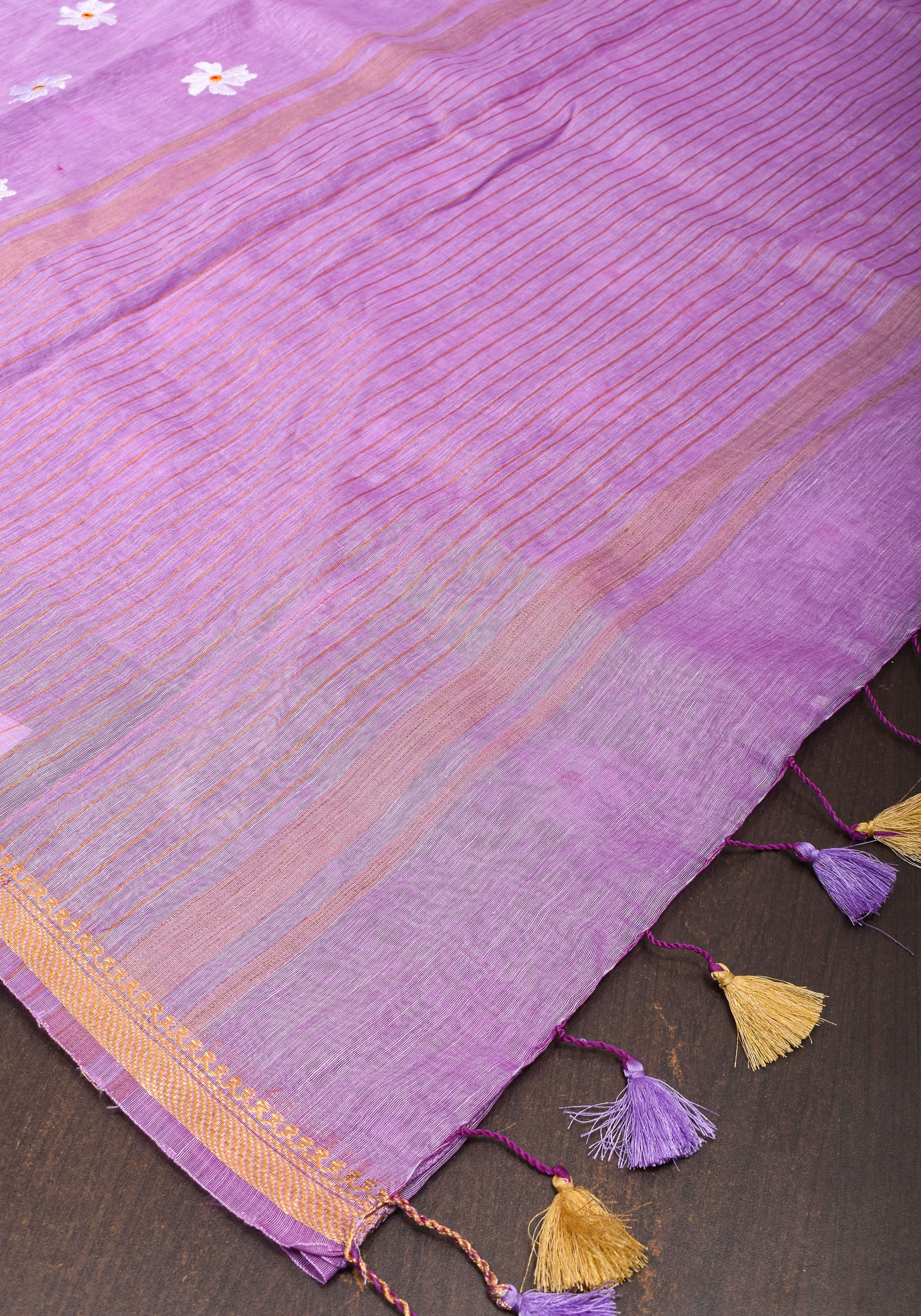 Lavender Tone silk linen saree with white Parijaat Floral embroidery and Zari Border | Shobitam
