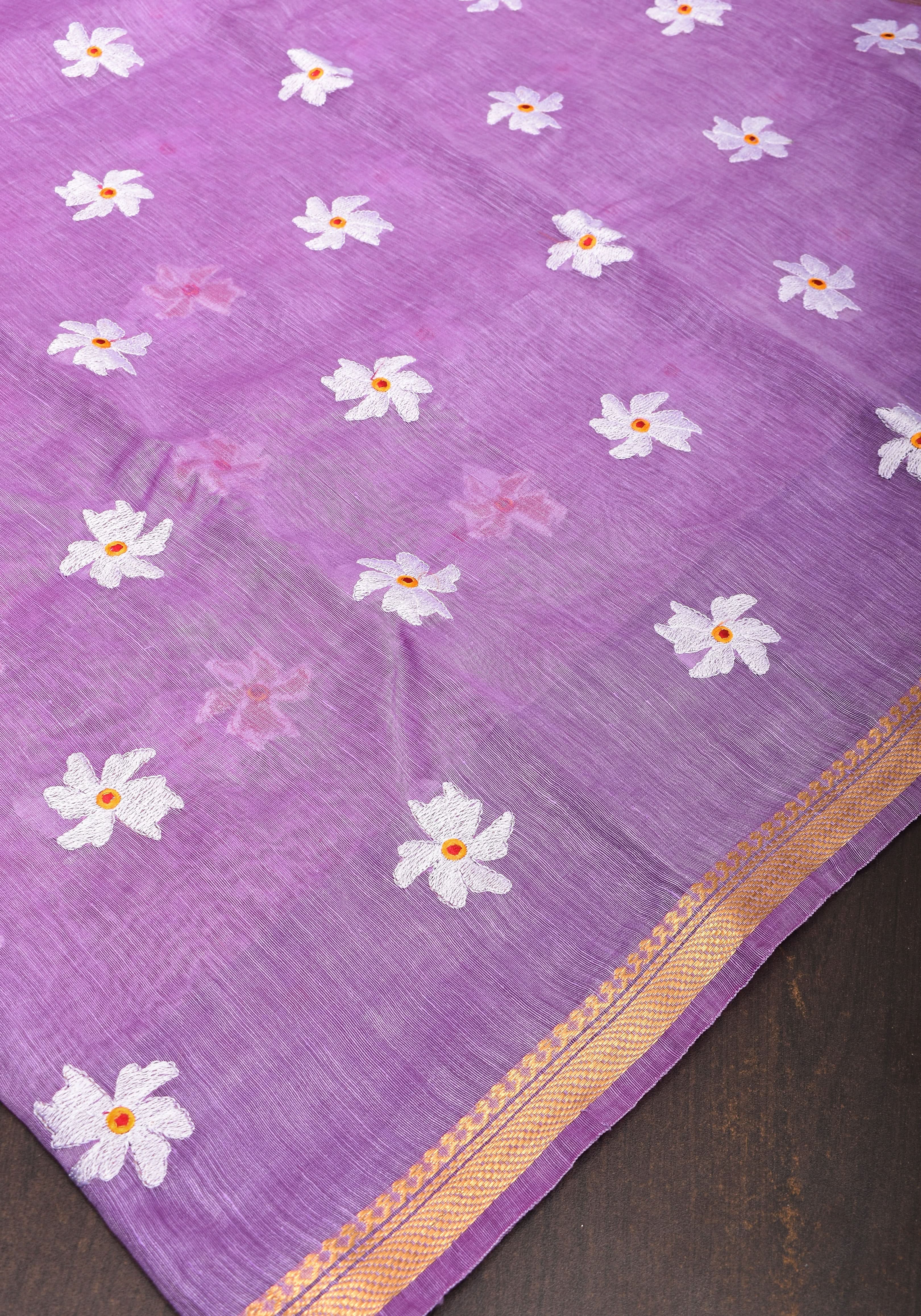 Lavender Tone silk linen saree with white Parijaat Floral embroidery and Zari Border | Shobitam