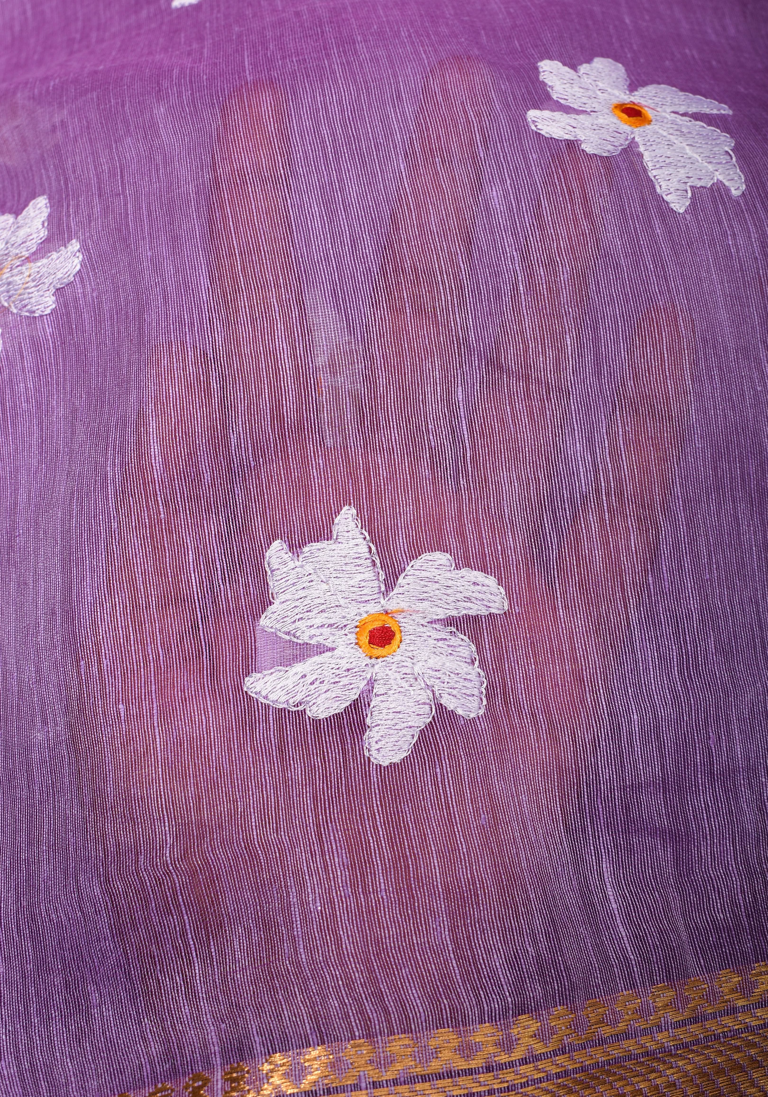 Lavender Tone silk linen saree with white Parijaat Floral embroidery and Zari Border | Shobitam