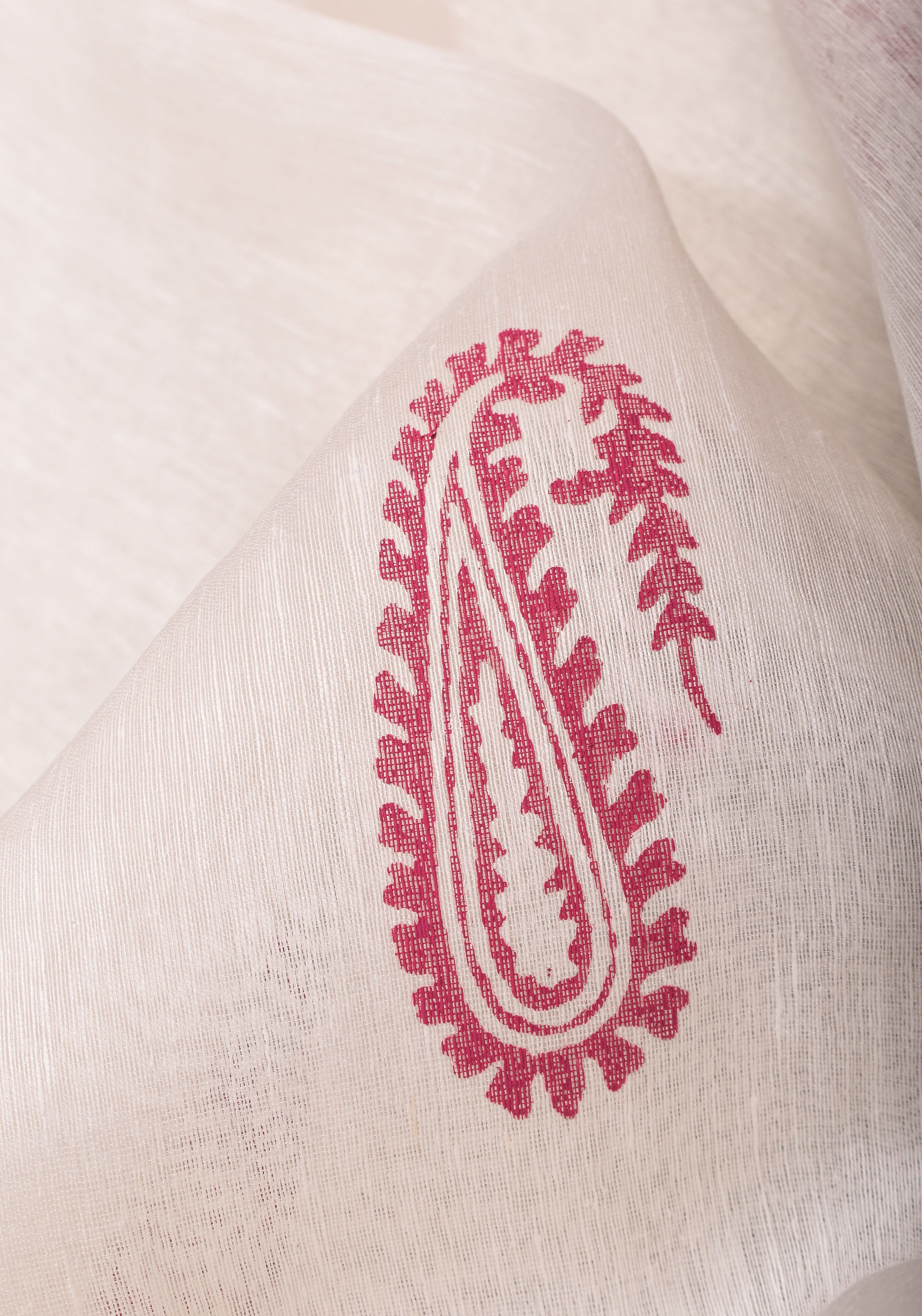 White Silk Linen Saree with Sanganeri Block Print  Paisley buttas and Woven Zari Borders | Shobitam