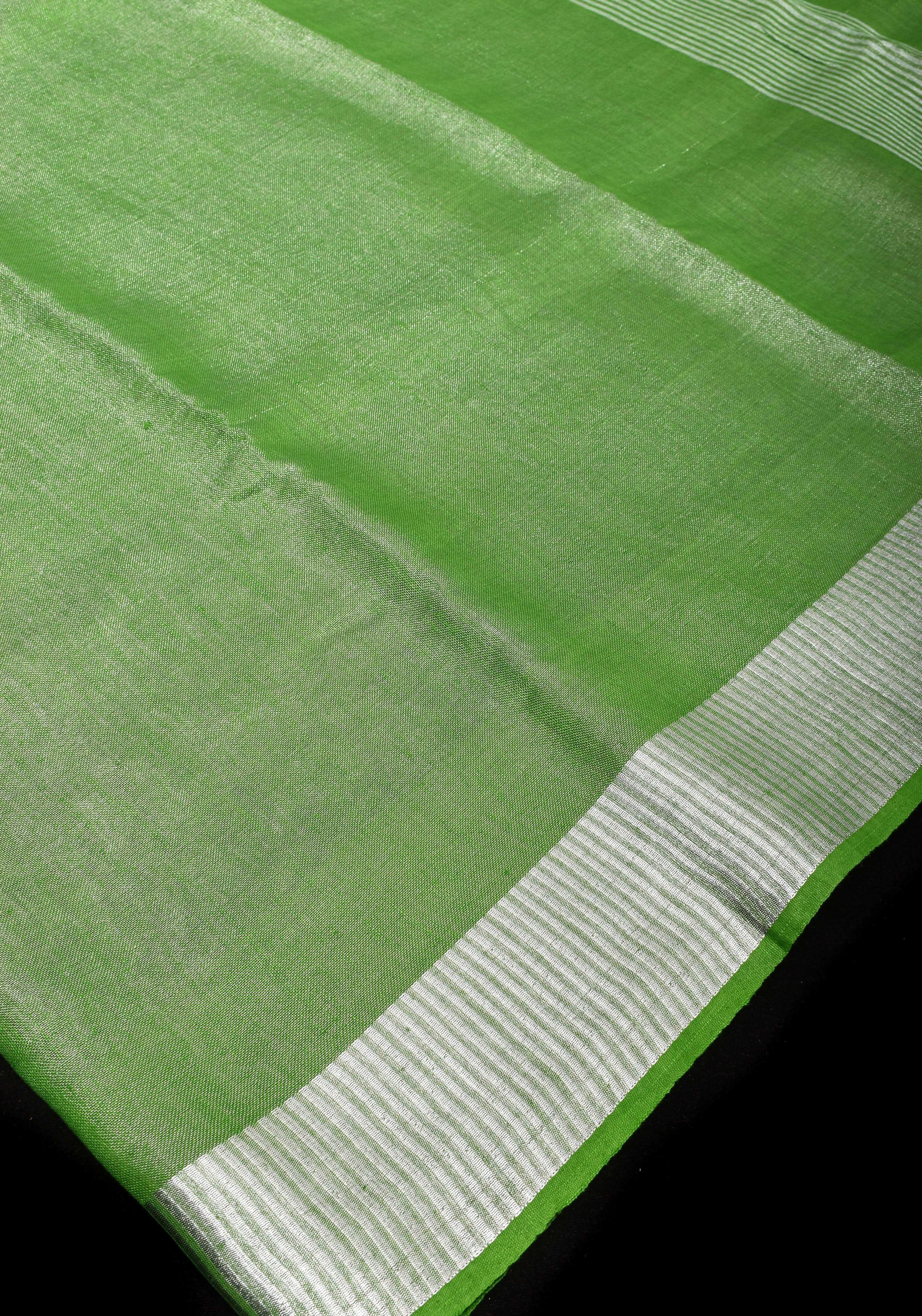 Green Silver Tissue Linen Saree with Silver Ribbed Zari Borders and Panel Pallu | Shobitam