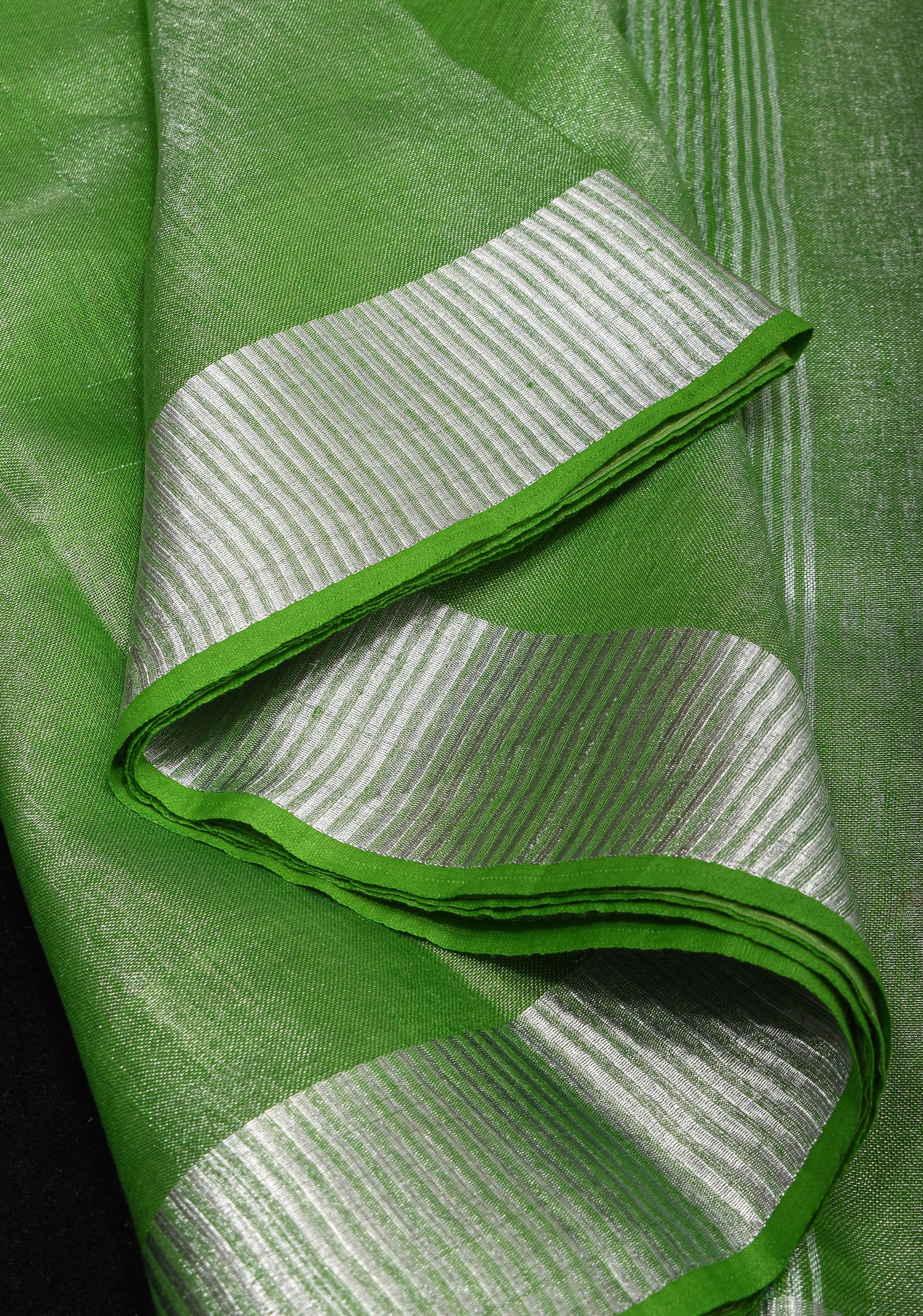 Green Silver Tissue Linen Saree with Silver Ribbed Zari Borders and Panel Pallu | Shobitam