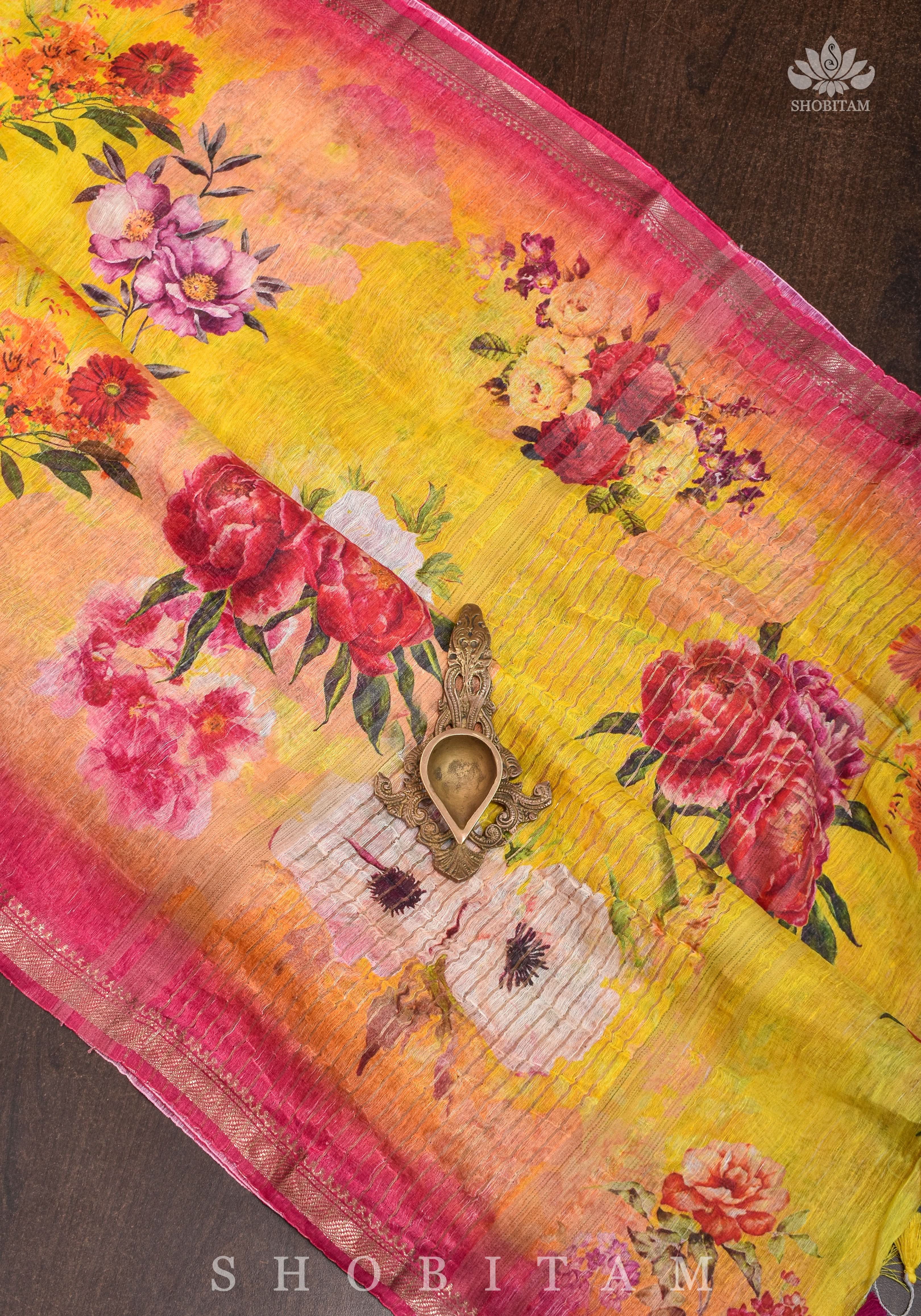Yellow Floral Digital Print Silk Linen Saree | Shobitam