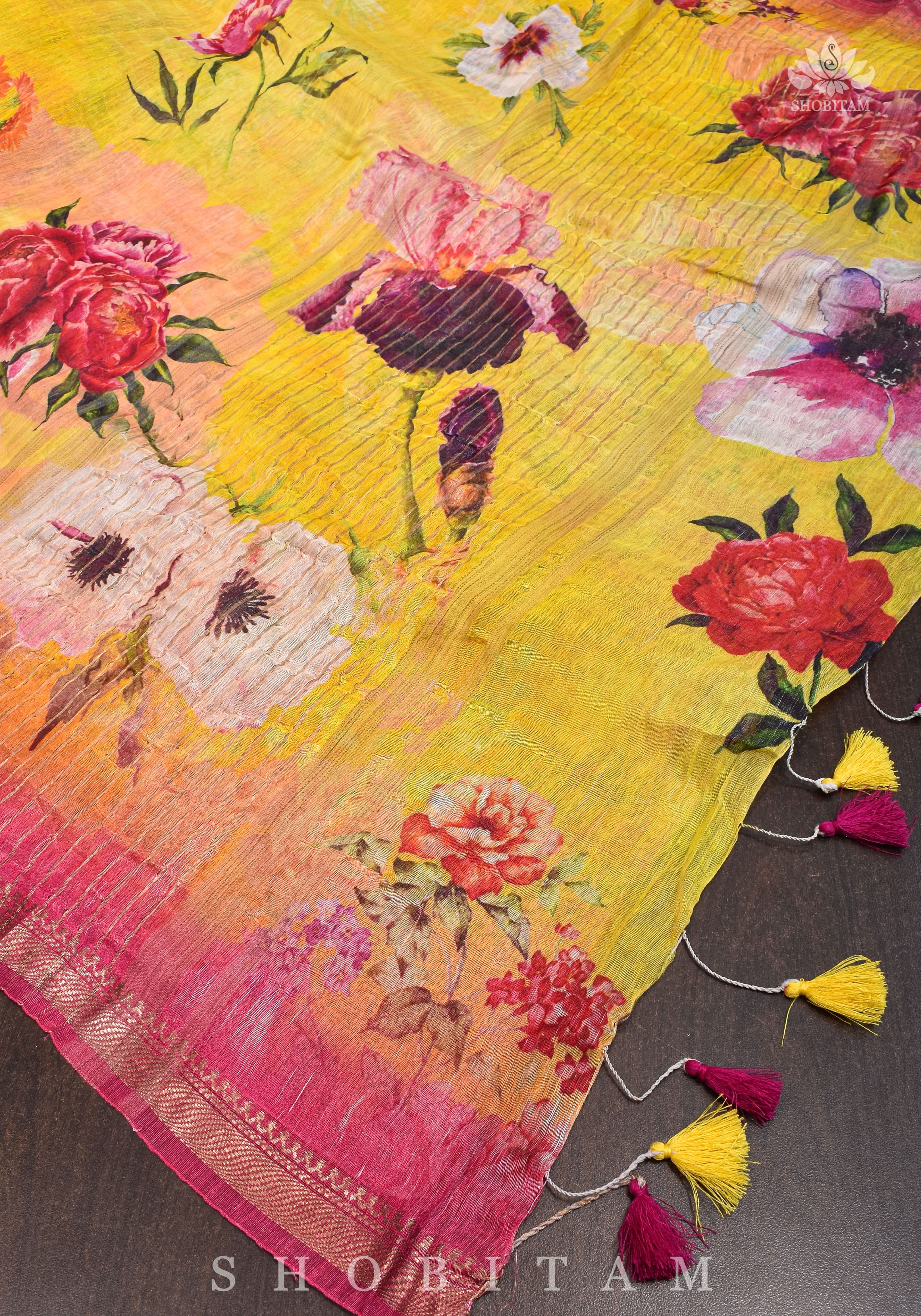 Yellow Floral Digital Print Silk Linen Saree | Shobitam
