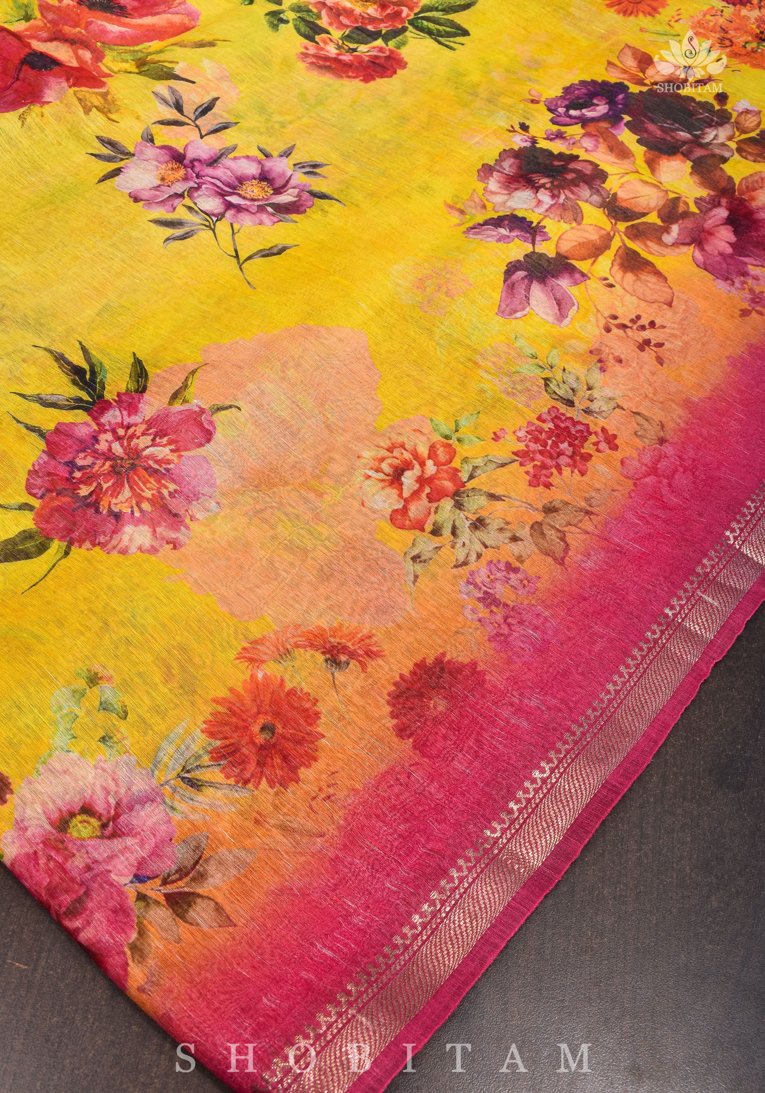 Yellow Floral Digital Print Silk Linen Saree | Shobitam