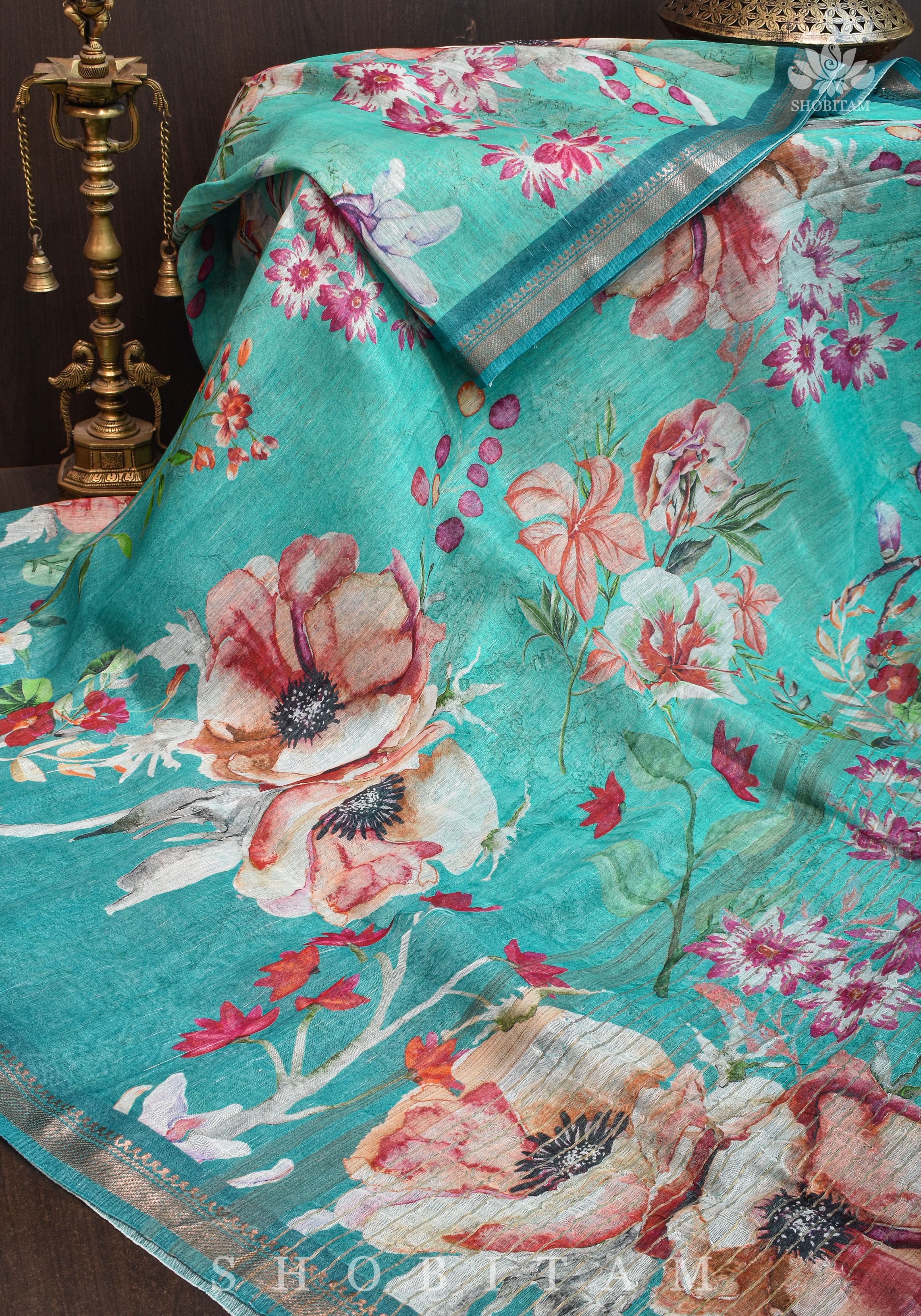 Green Floral Digital Print Silk Linen Saree | Shobitam