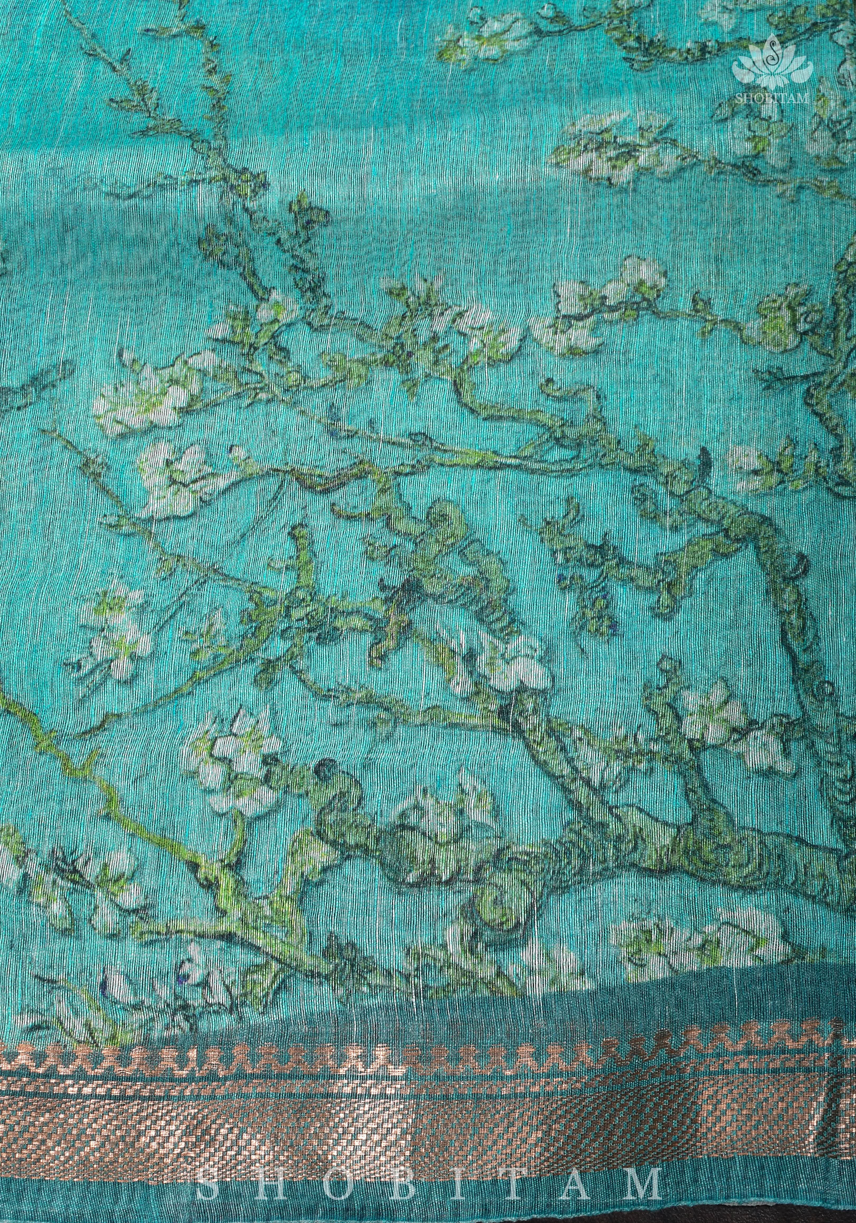 Green Floral Digital Print Silk Linen Saree | Shobitam