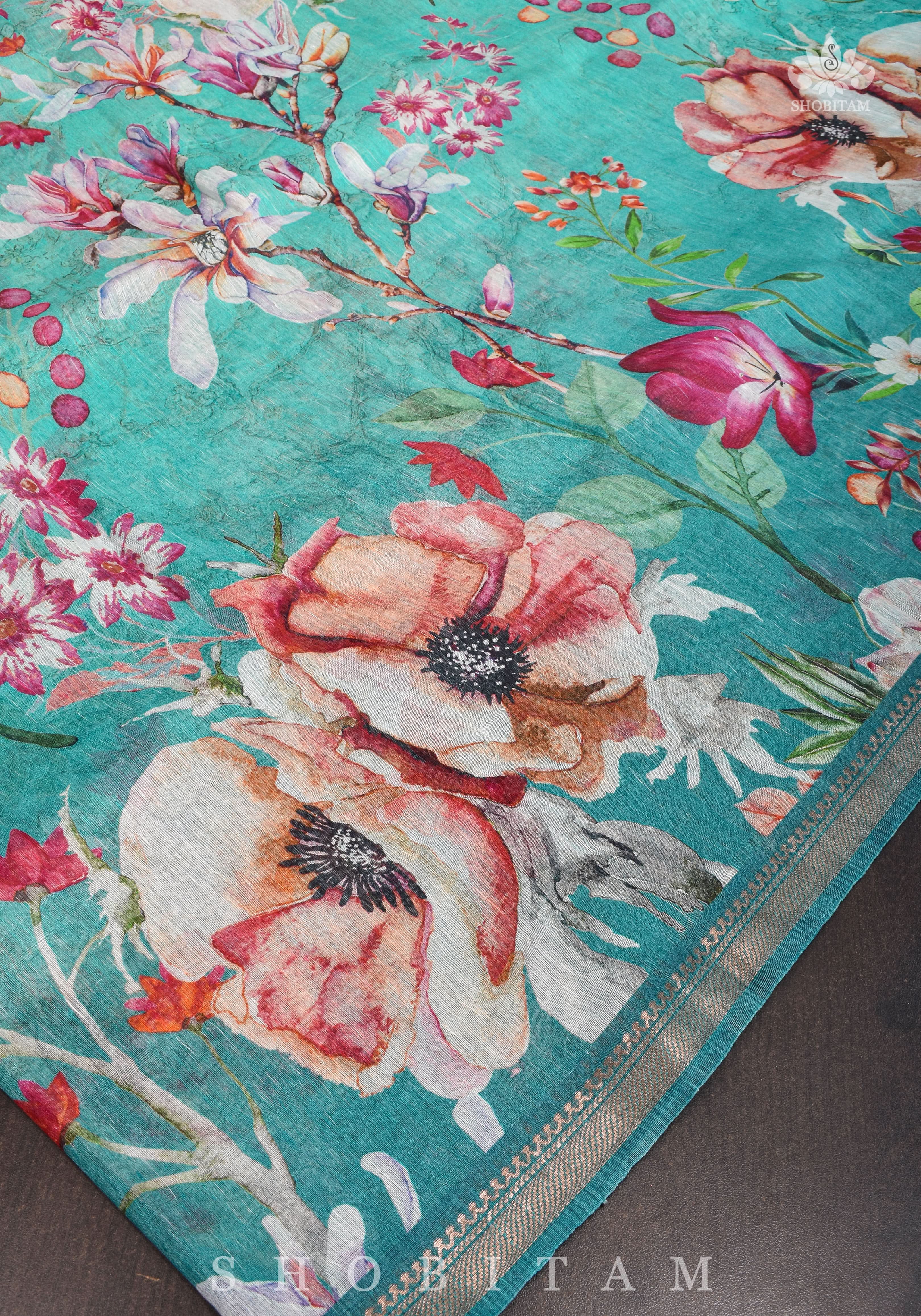 Green Floral Digital Print Silk Linen Saree | Shobitam
