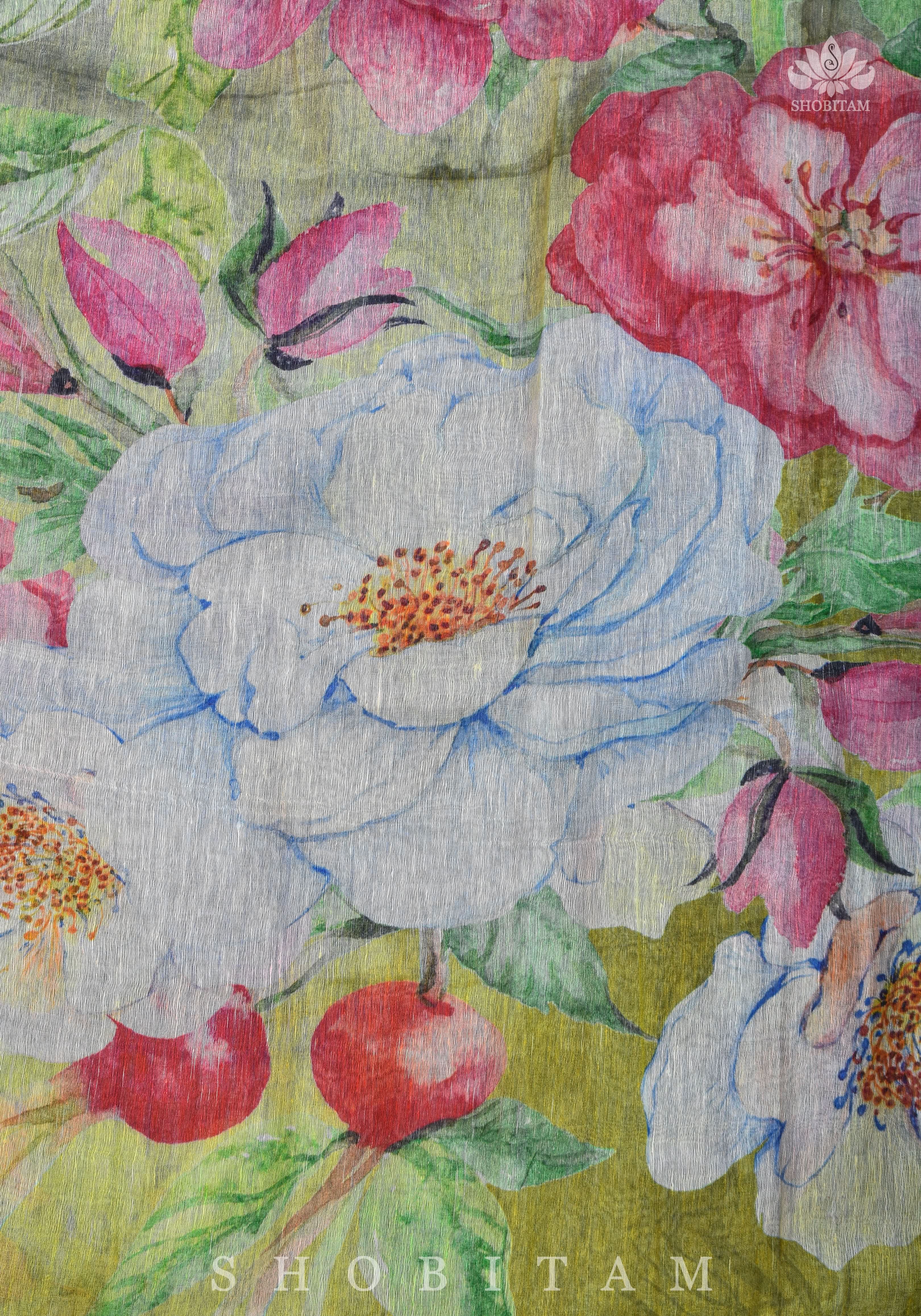 Moss Green Floral Digital Print Silk Linen Saree | Shobitam