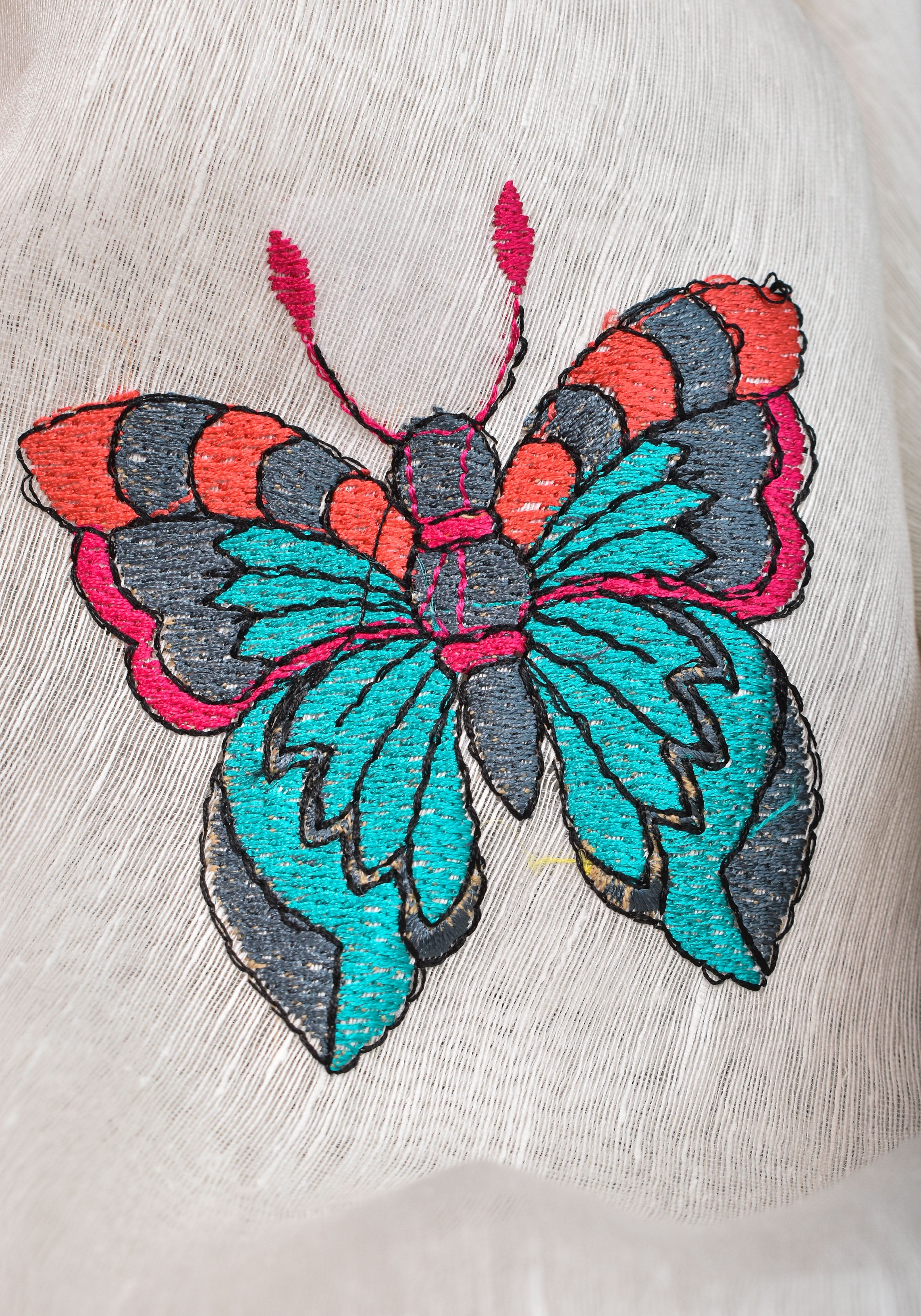 Blooms of Joy - Floral Embroidered Silk Linen Saree in Off White | Shobitam