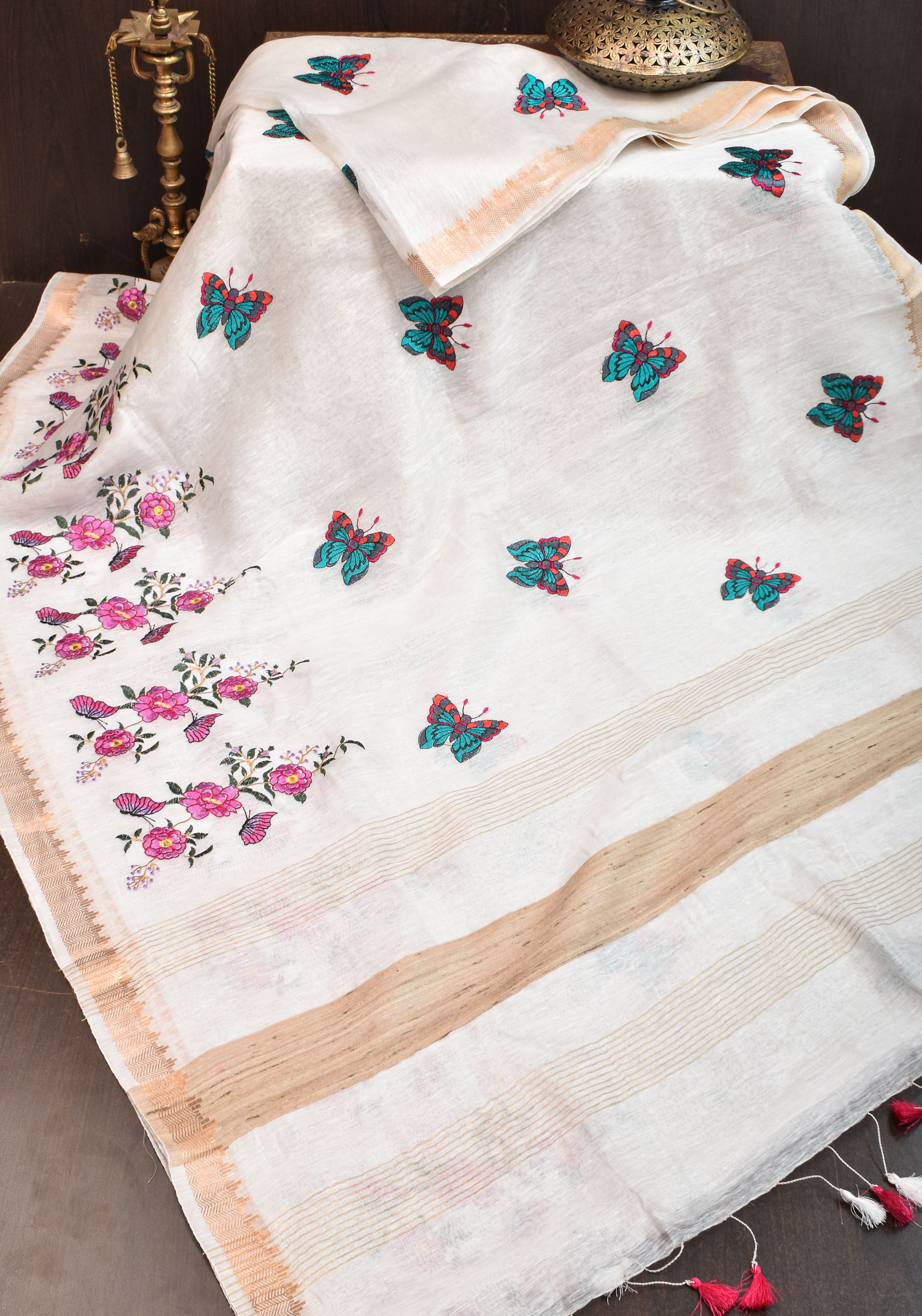 Blooms of Joy - Floral Embroidered Silk Linen Saree in Off White | Shobitam