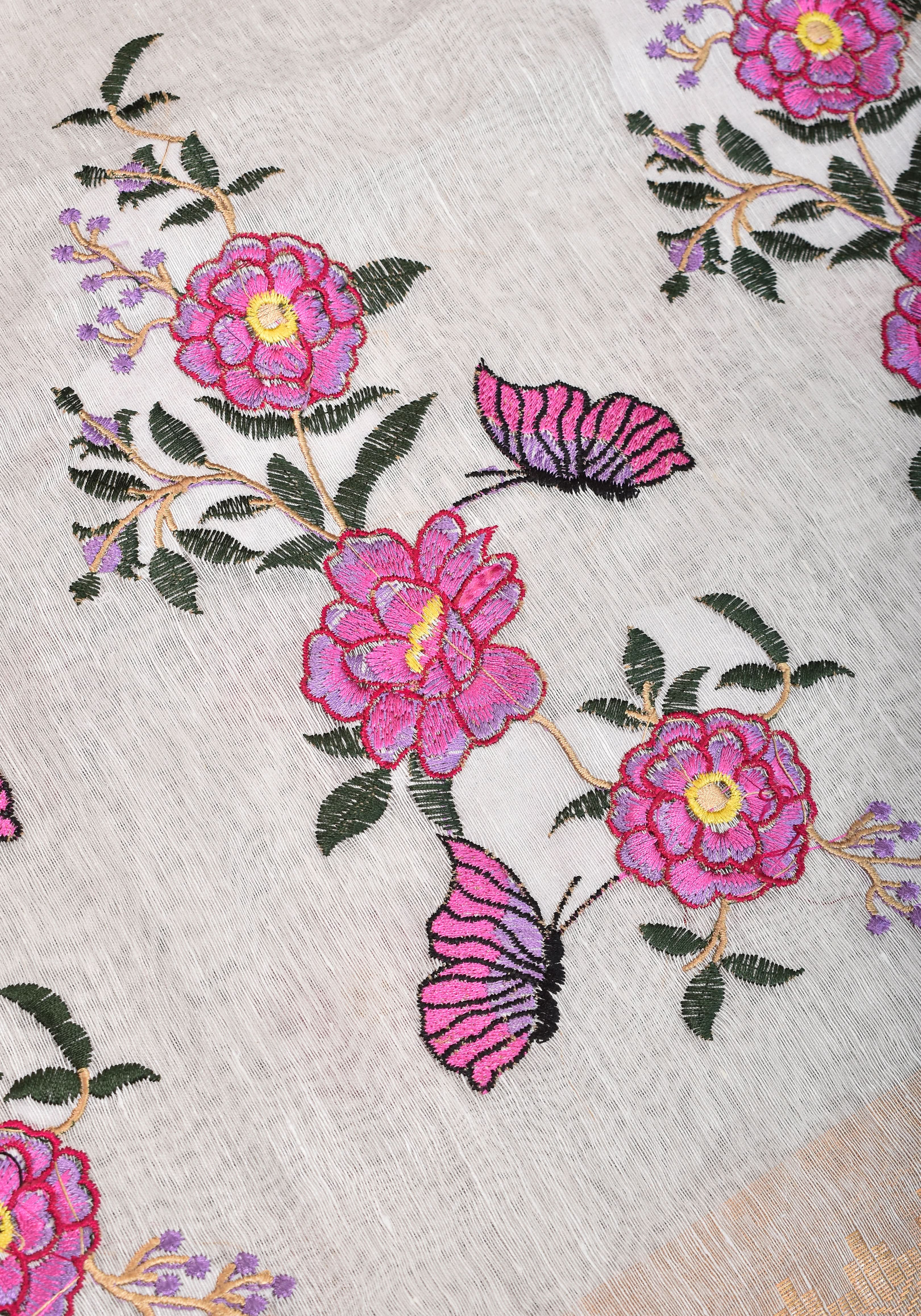 Blooms of Joy - Floral Embroidered Silk Linen Saree in Off White | Shobitam