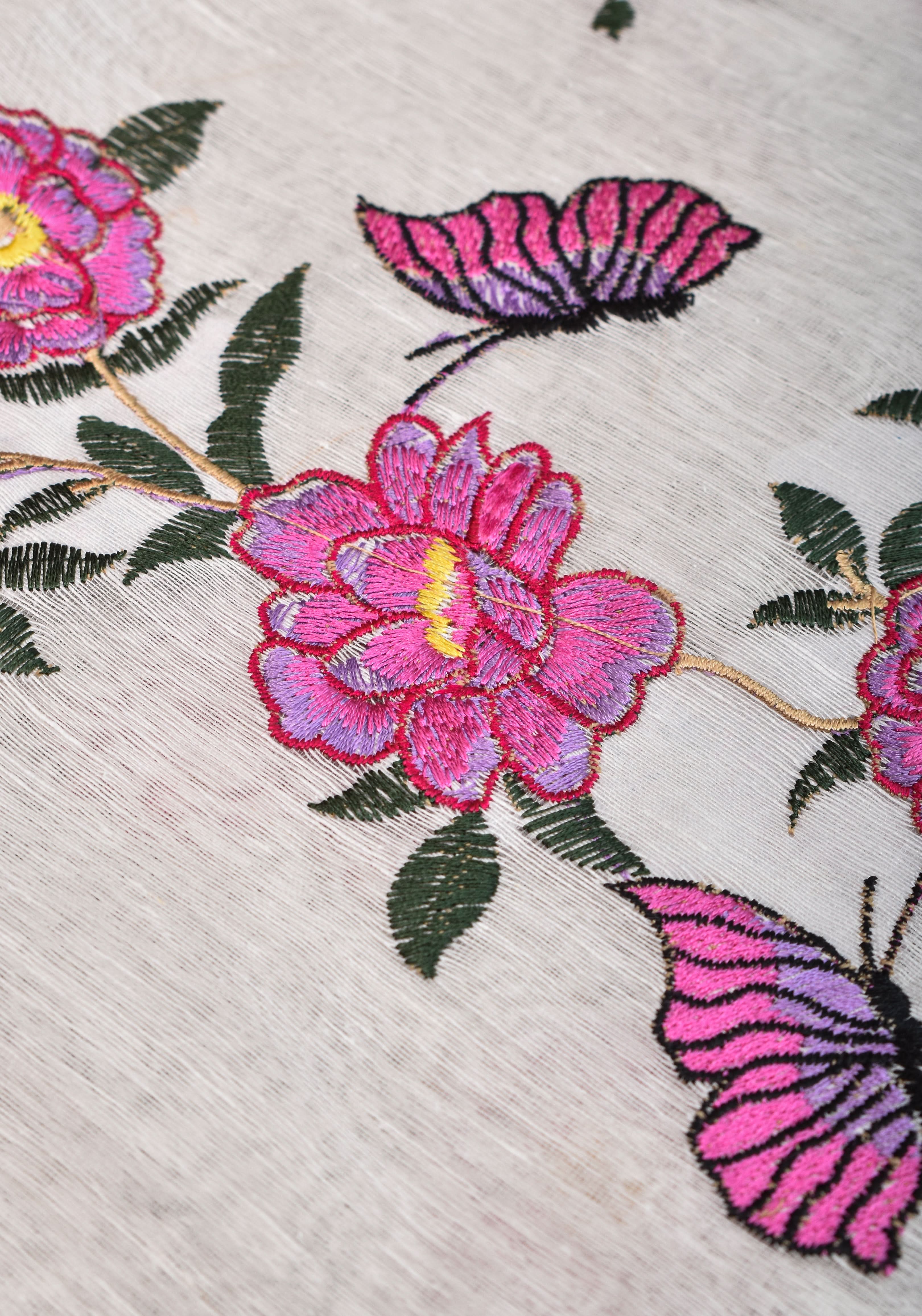 Blooms of Joy - Floral Embroidered Silk Linen Saree in Off White | Shobitam