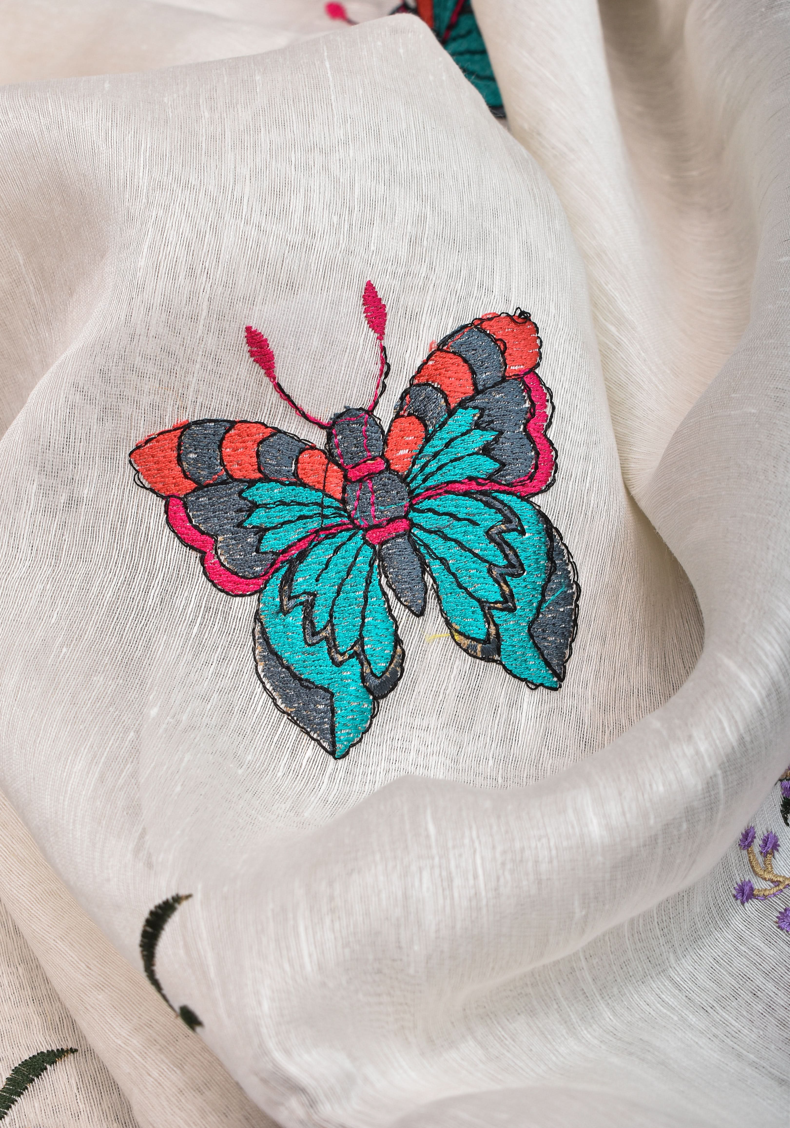 Blooms of Joy - Floral Embroidered Silk Linen Saree in Off White | Shobitam