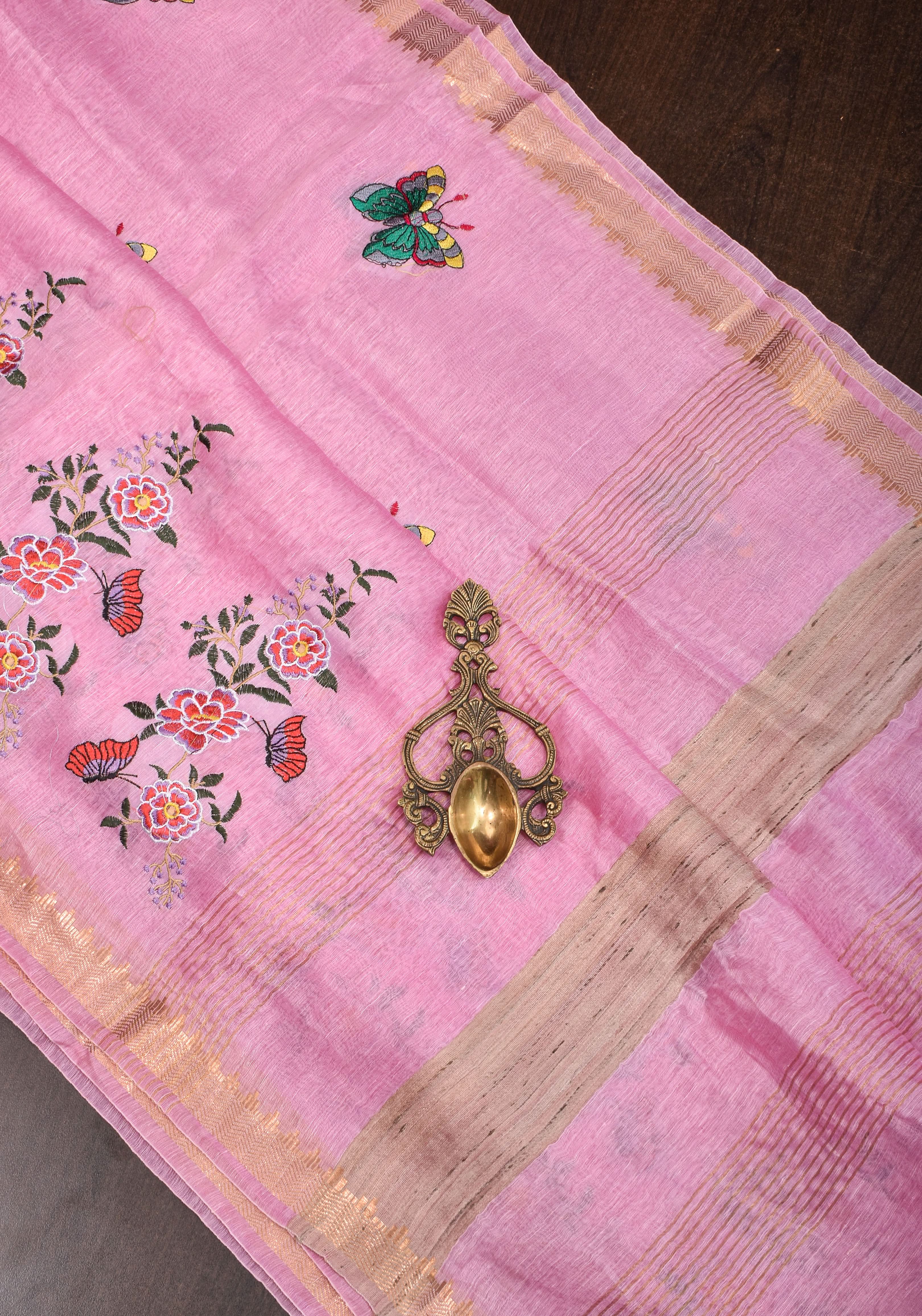 Blooms of Joy - Floral Embroidered Saree in Lotus Pink | Shobitam