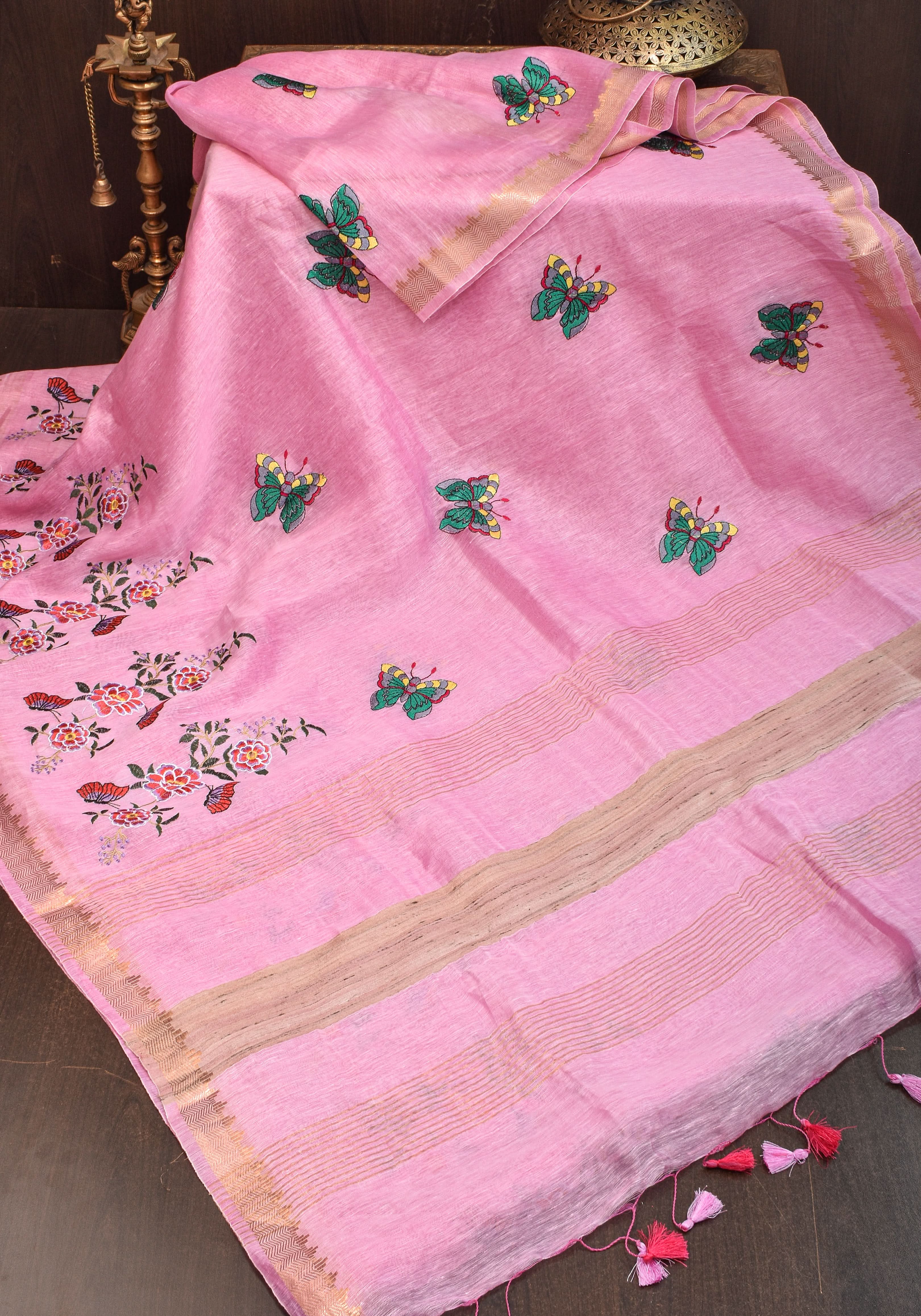 Blooms of Joy - Floral Embroidered Saree in Lotus Pink | Shobitam