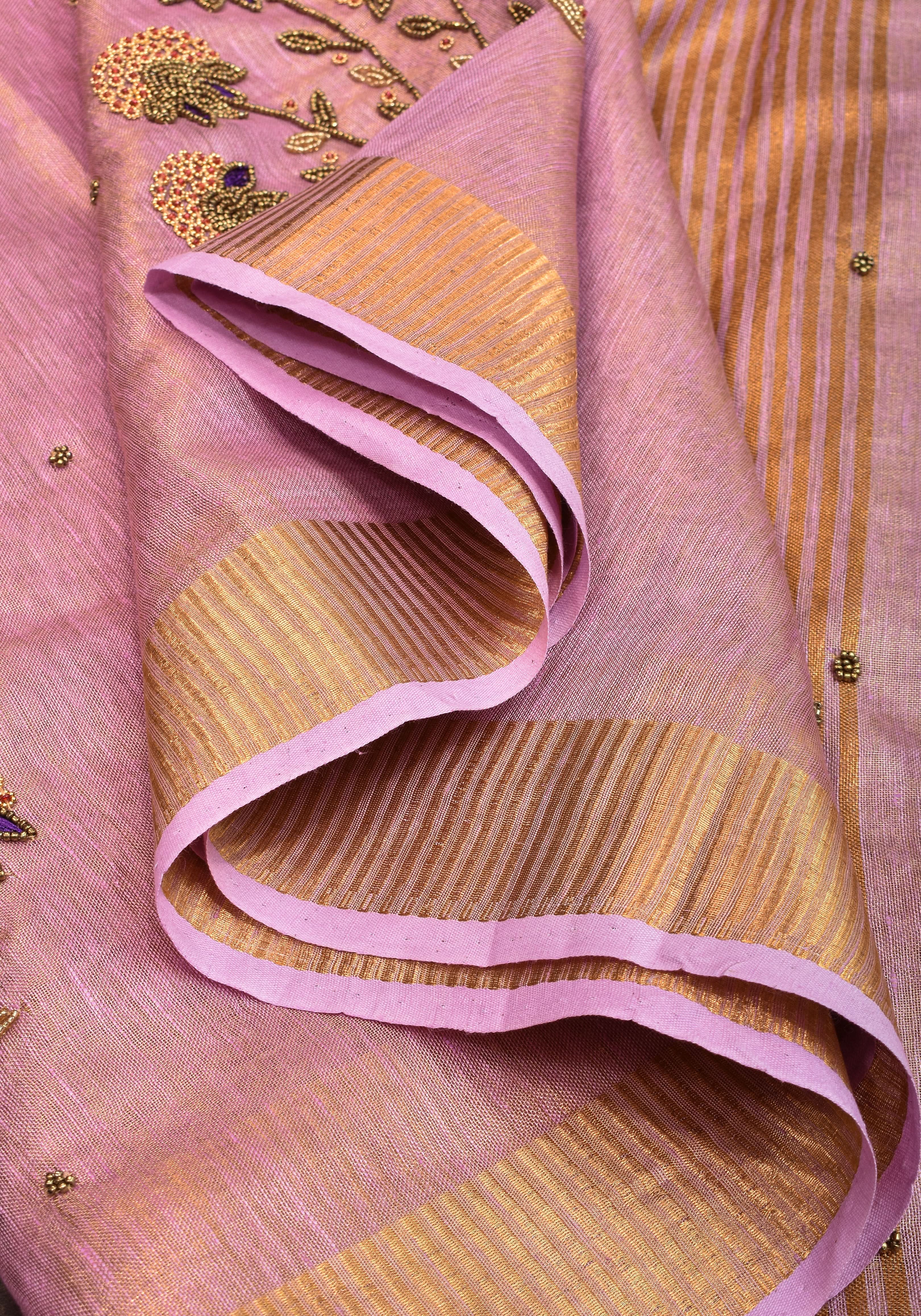 Tissue Linen Saree in Thistle and Gold Tissue with  Bead and embroidery handwork | Shobitam
