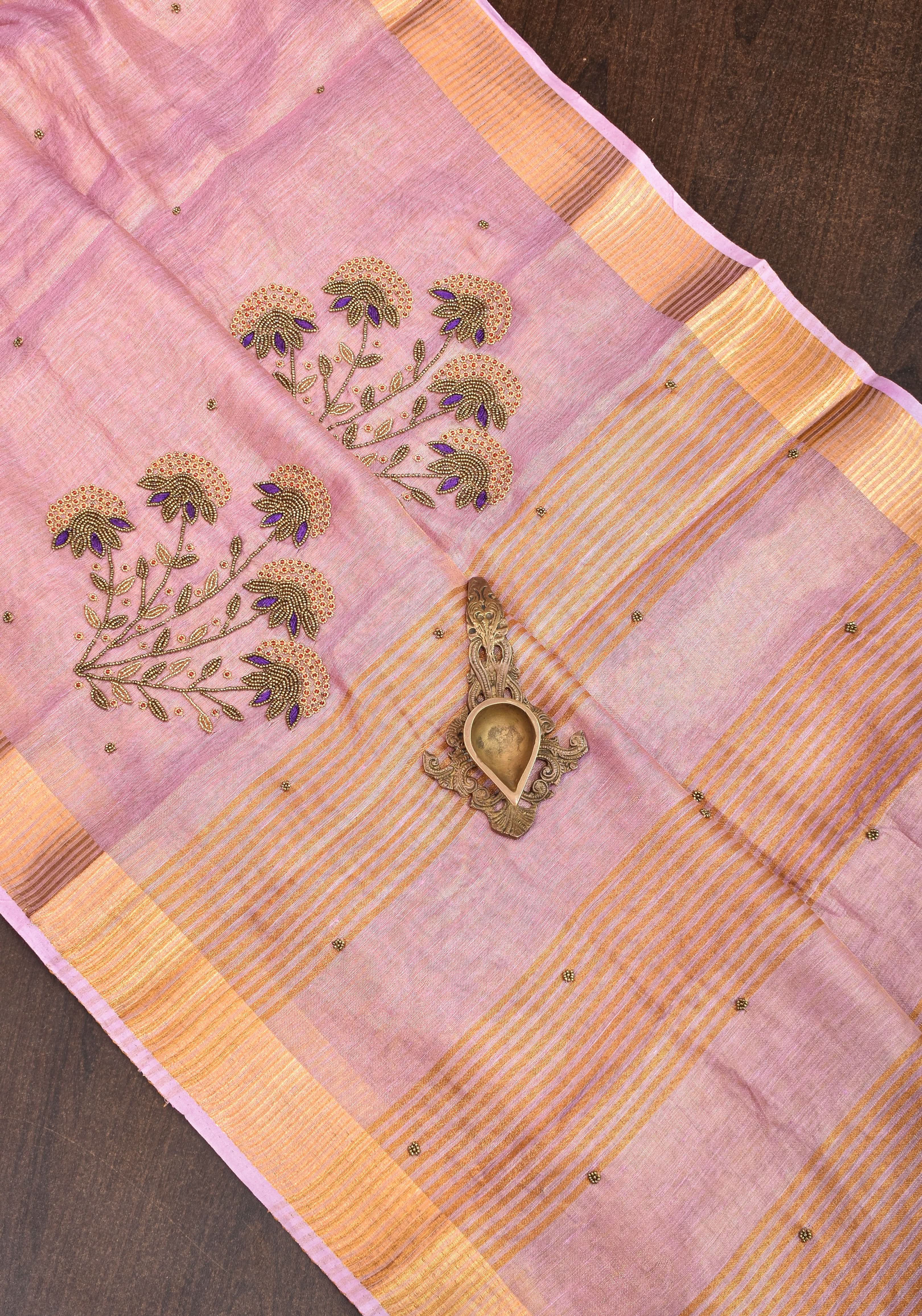 Tissue Linen Saree in Thistle and Gold Tissue with  Bead and embroidery handwork | Shobitam