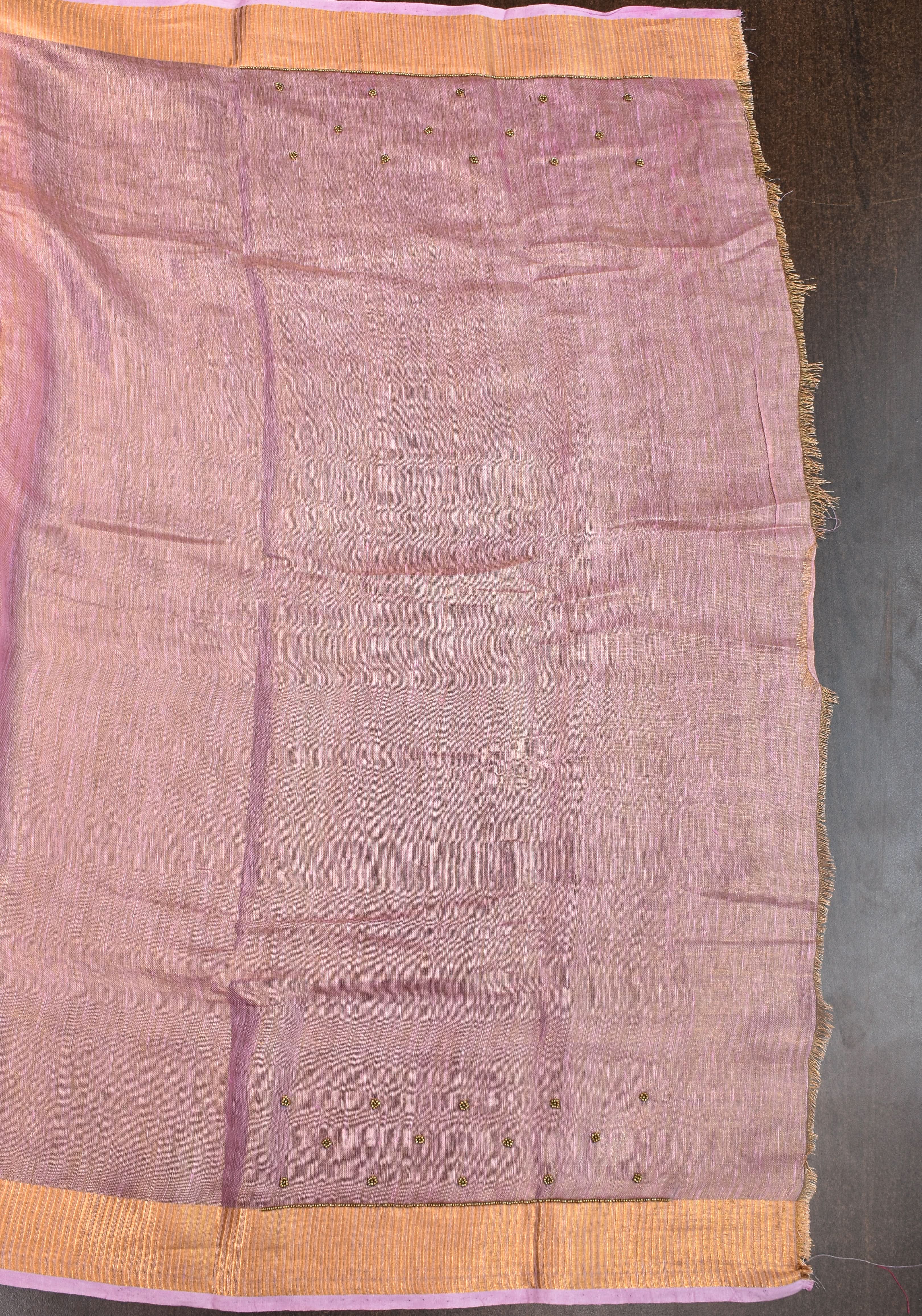 Tissue Linen Saree in Thistle and Gold Tissue with  Bead and embroidery handwork | Shobitam