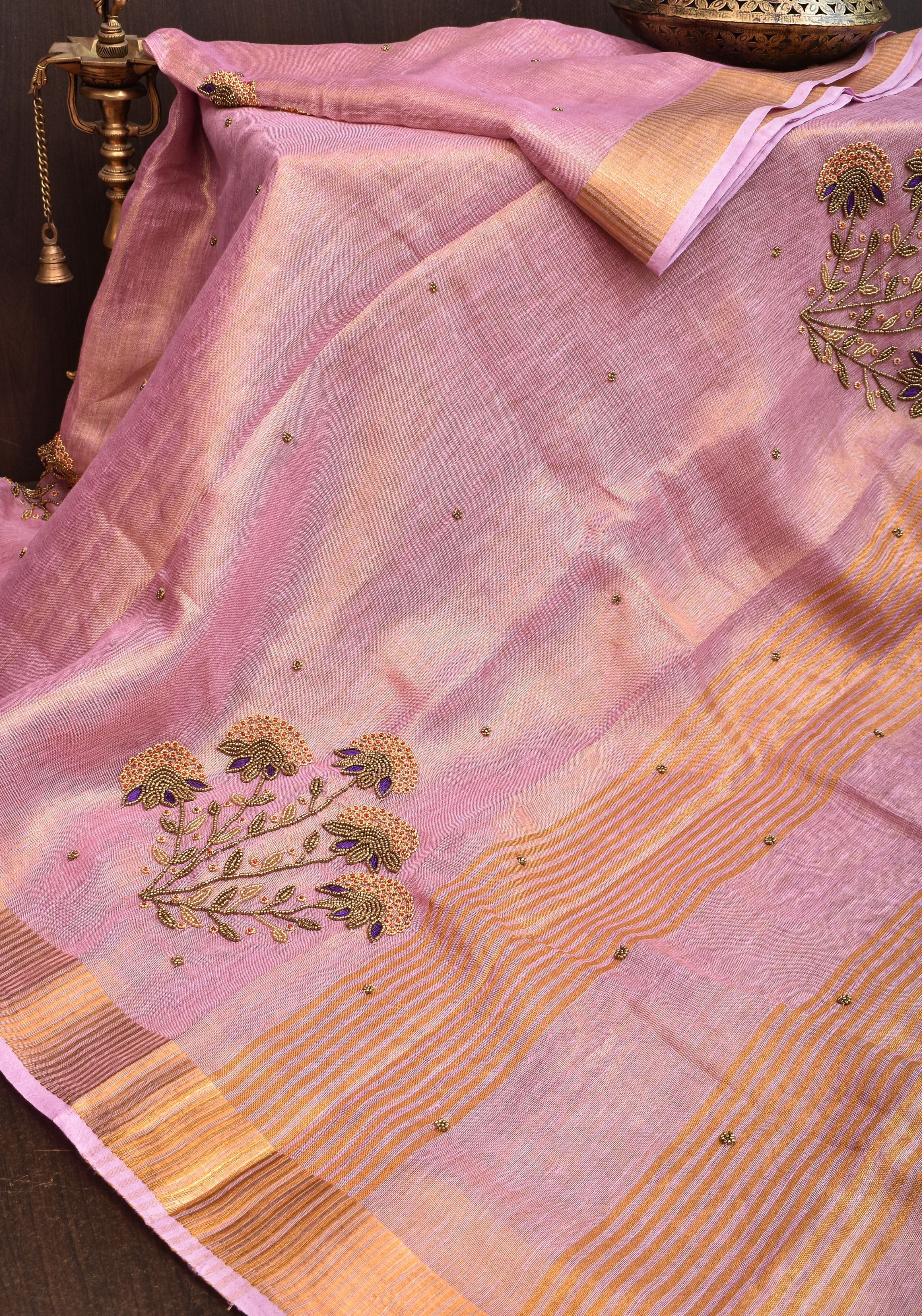 Tissue Linen Saree in Thistle and Gold Tissue with  Bead and embroidery handwork | Shobitam