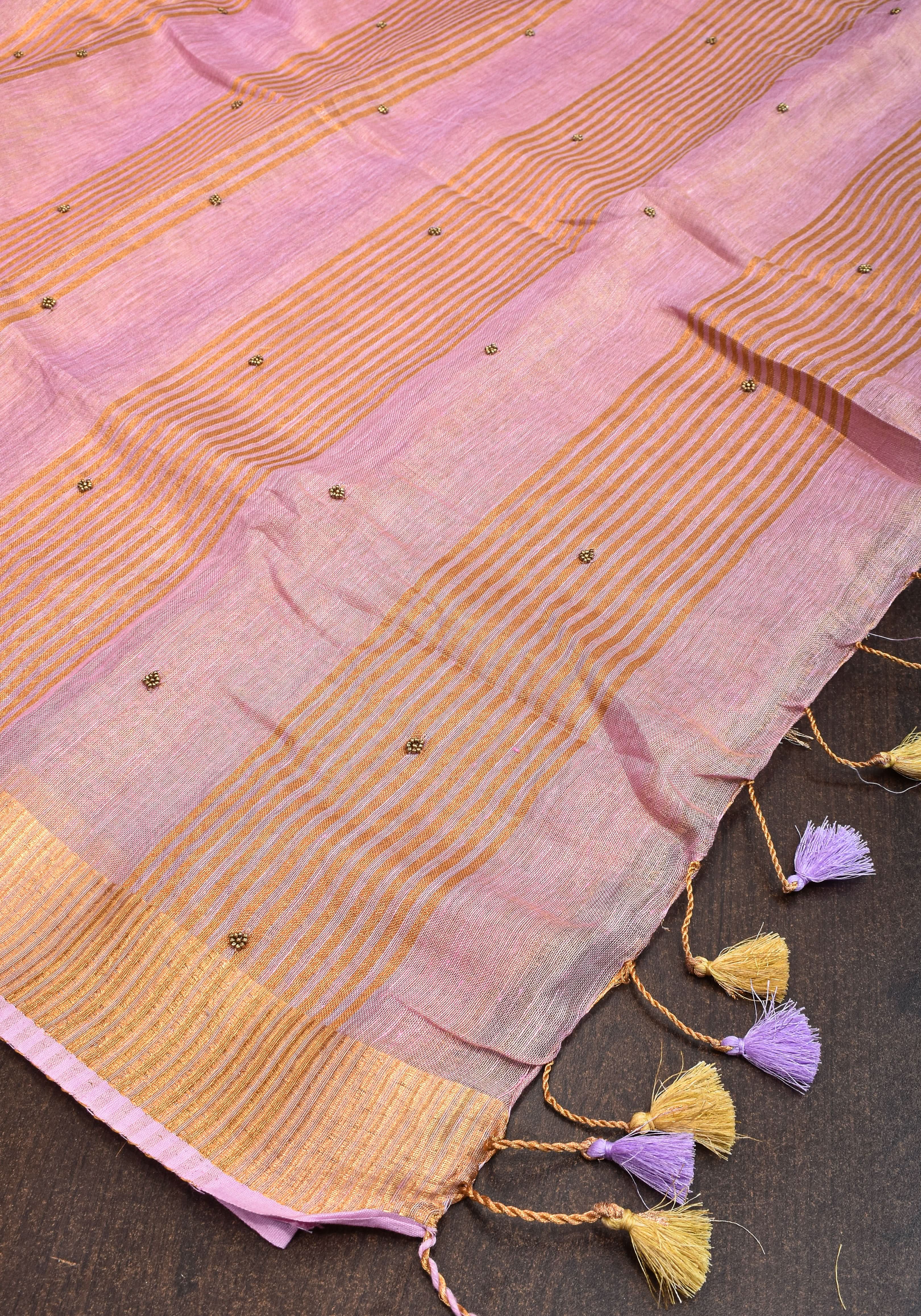 Tissue Linen Saree in Thistle and Gold Tissue with  Bead and embroidery handwork | Shobitam