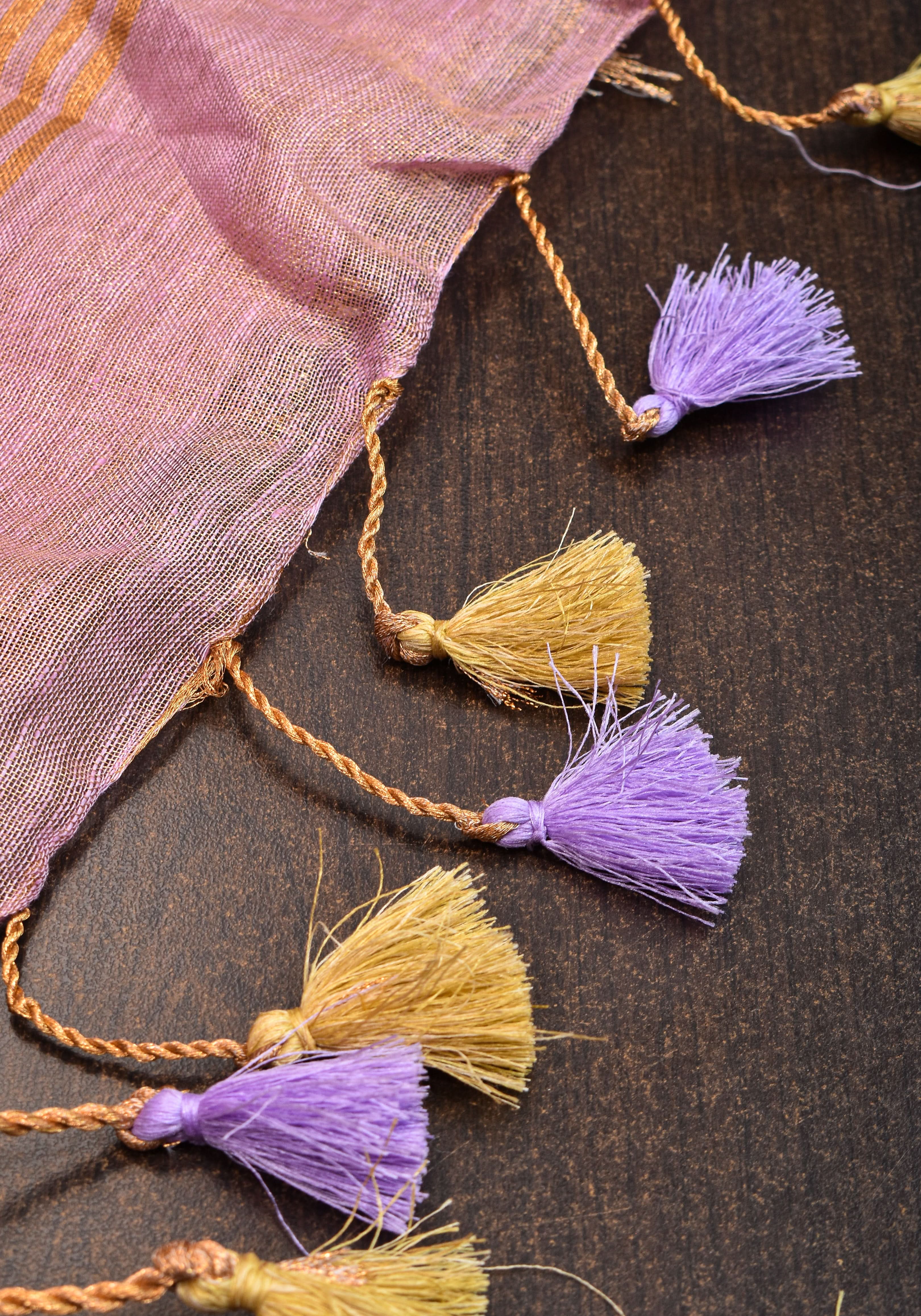 Tissue Linen Saree in Thistle and Gold Tissue with  Bead and embroidery handwork | Shobitam