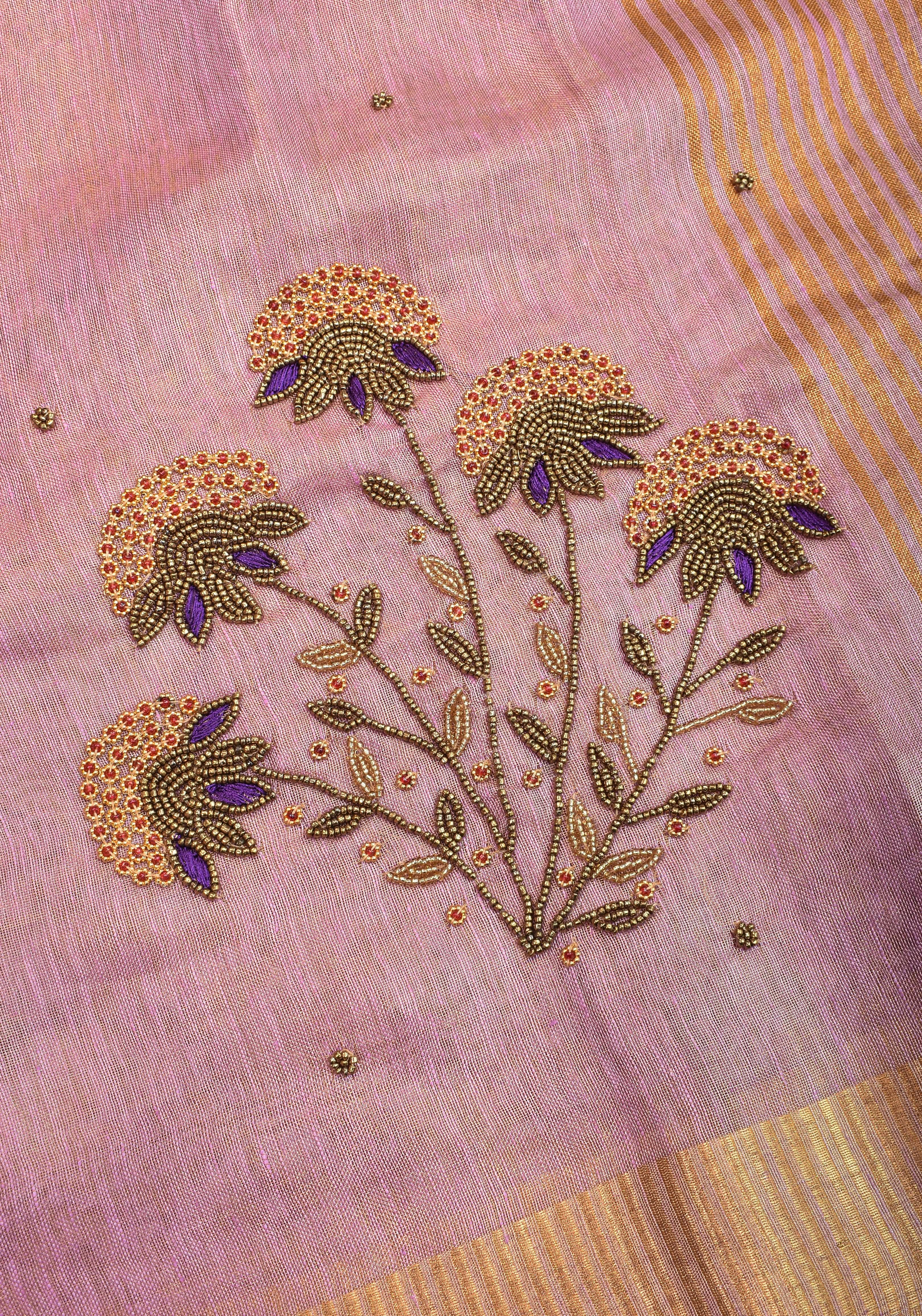 Tissue Linen Saree in Thistle and Gold Tissue with  Bead and embroidery handwork | Shobitam