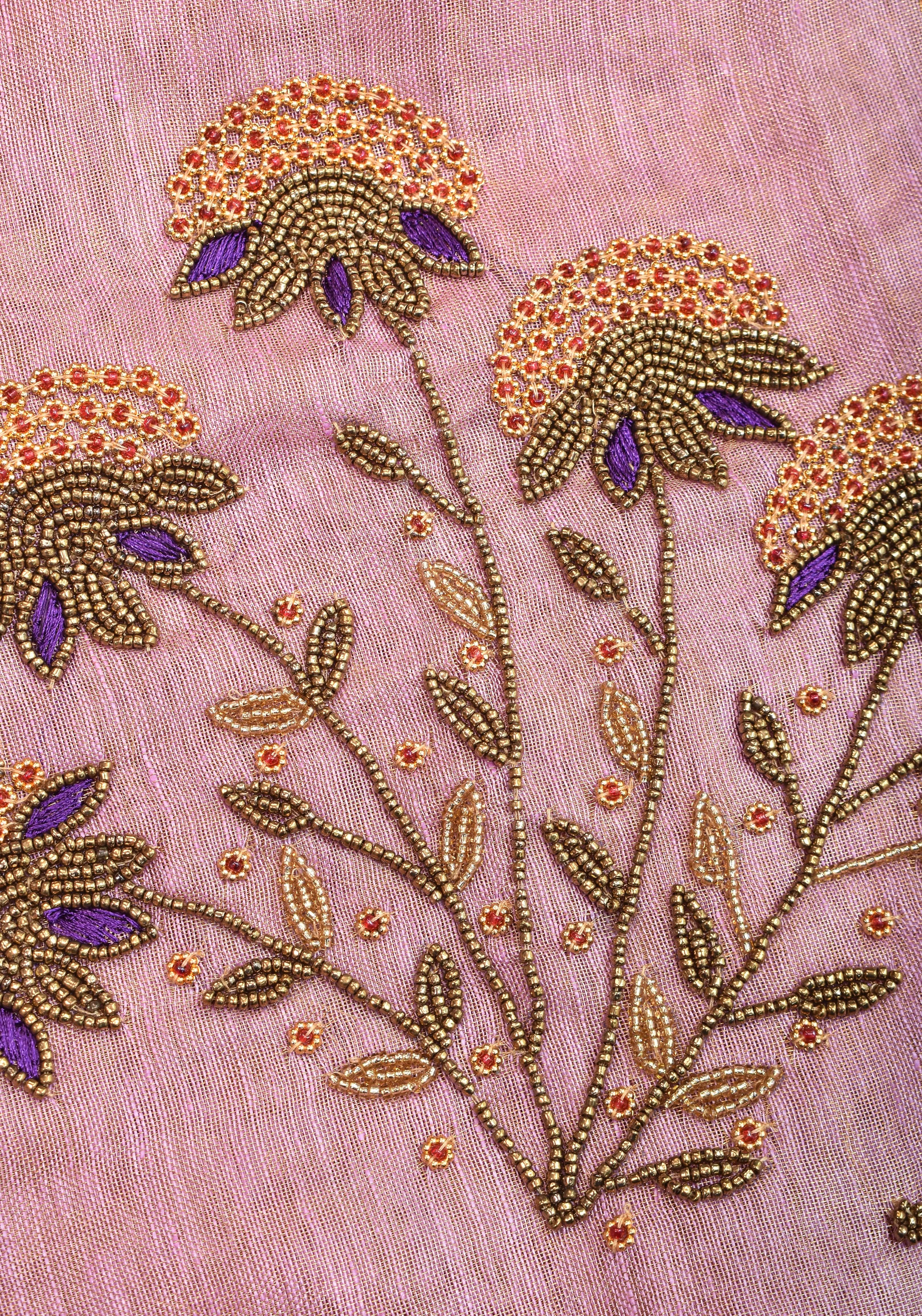 Tissue Linen Saree in Thistle and Gold Tissue with  Bead and embroidery handwork | Shobitam
