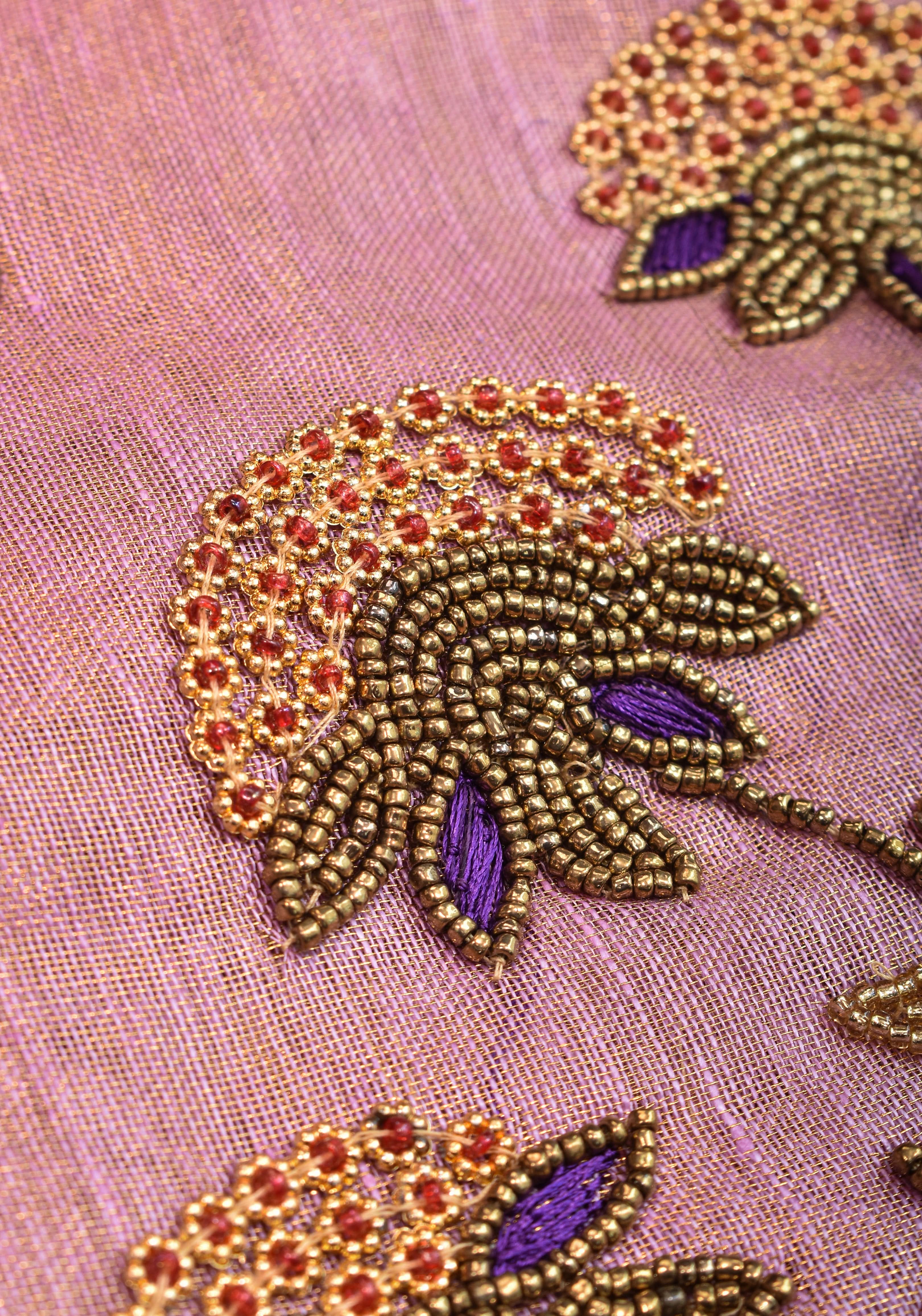 Tissue Linen Saree in Thistle and Gold Tissue with  Bead and embroidery handwork | Shobitam