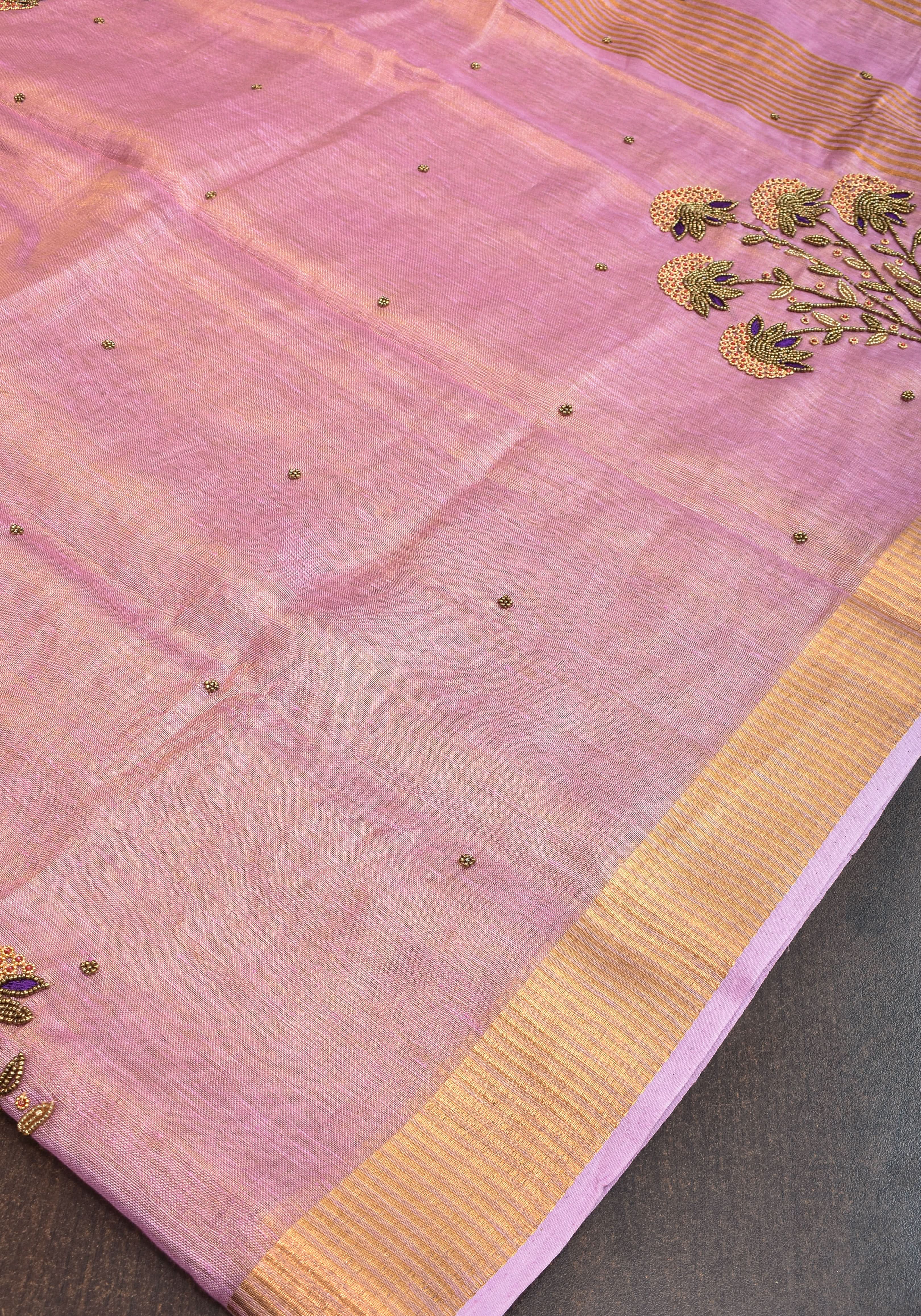 Tissue Linen Saree in Thistle and Gold Tissue with  Bead and embroidery handwork | Shobitam