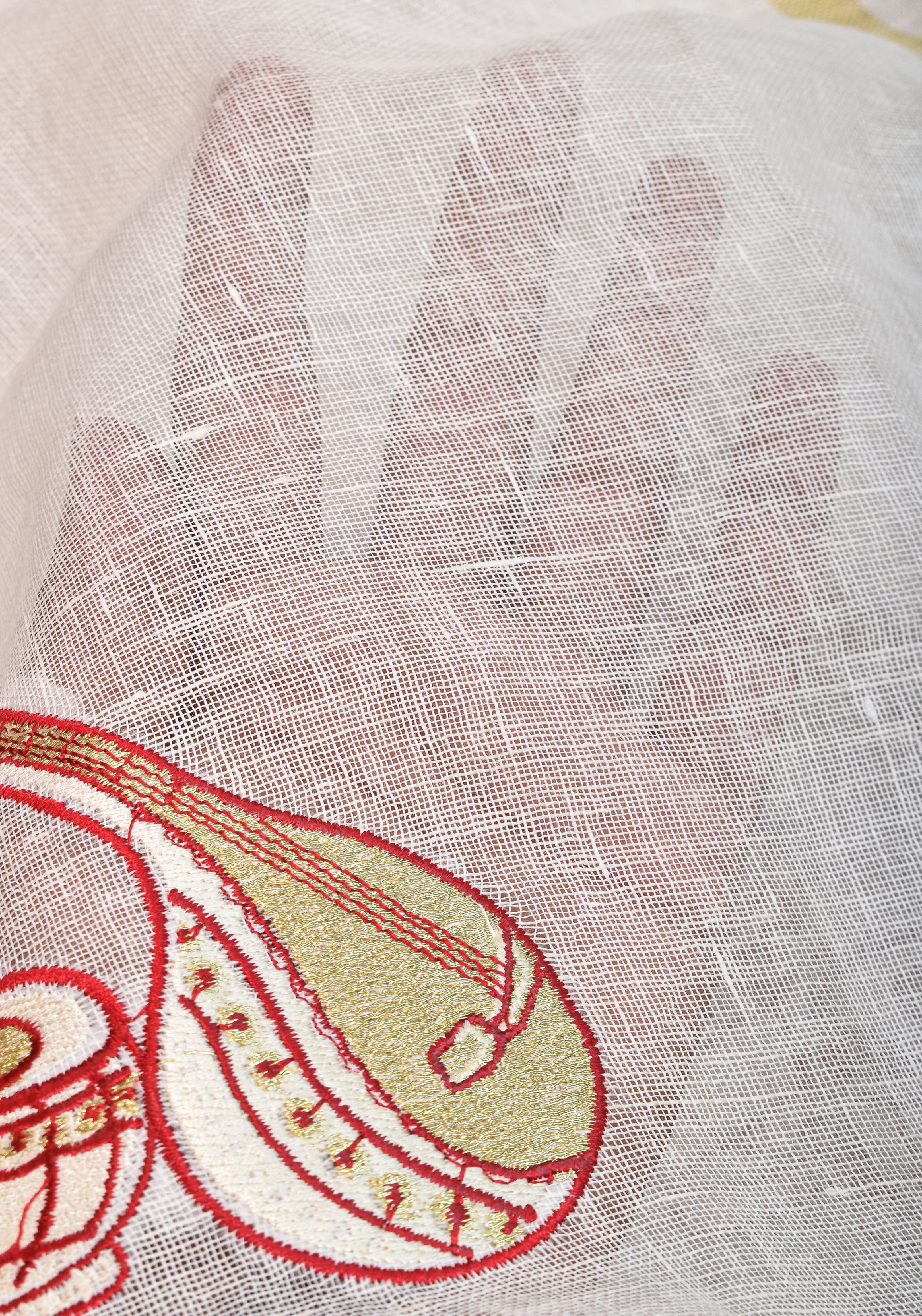 Linen by Linen Saree in White with Musical instruments embroidery motifs | Shobitam