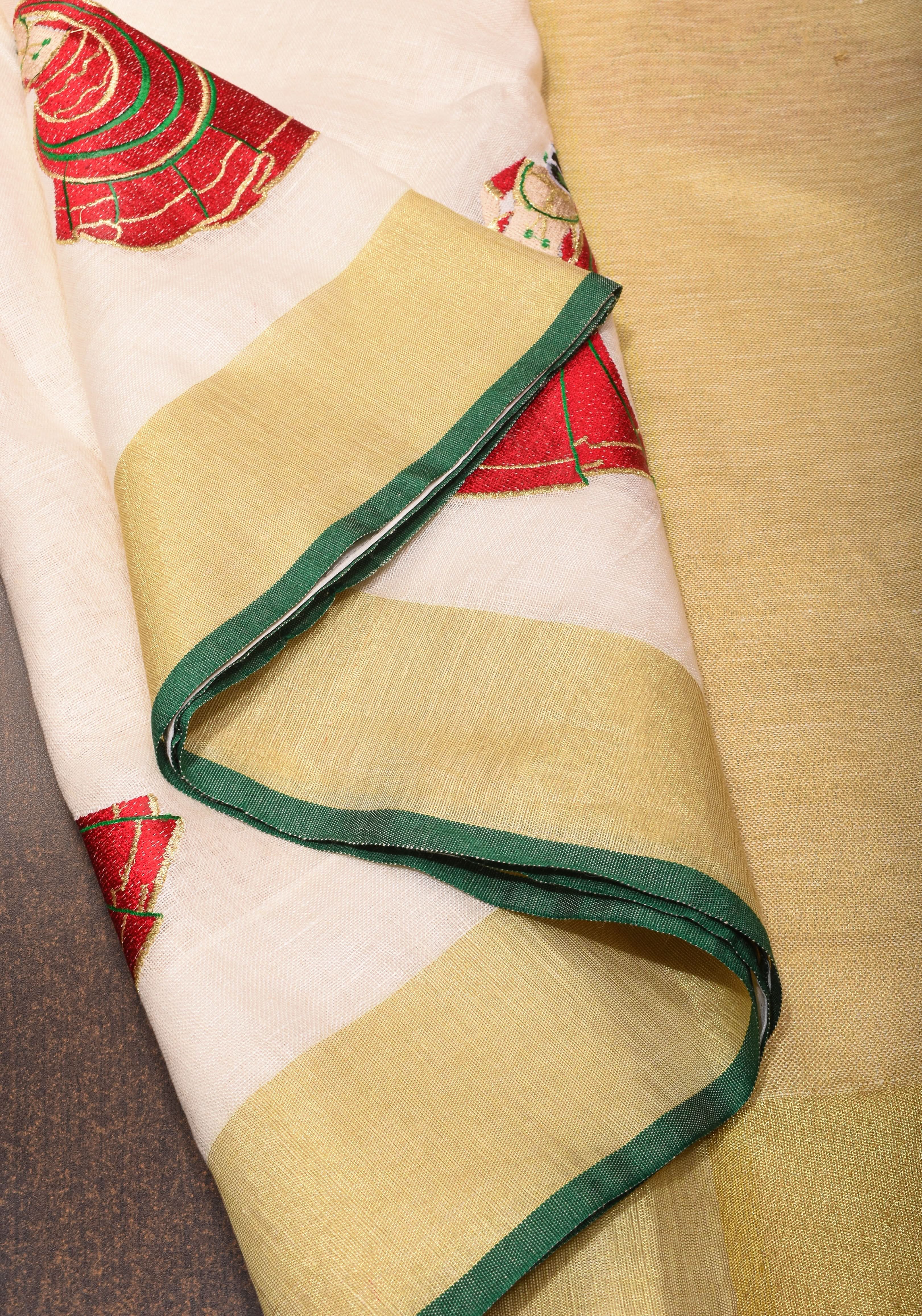 Vidya Balan Dandiya Embroidery on Off White Pure Linen by Linen Saree with Green Borders | Shobitam