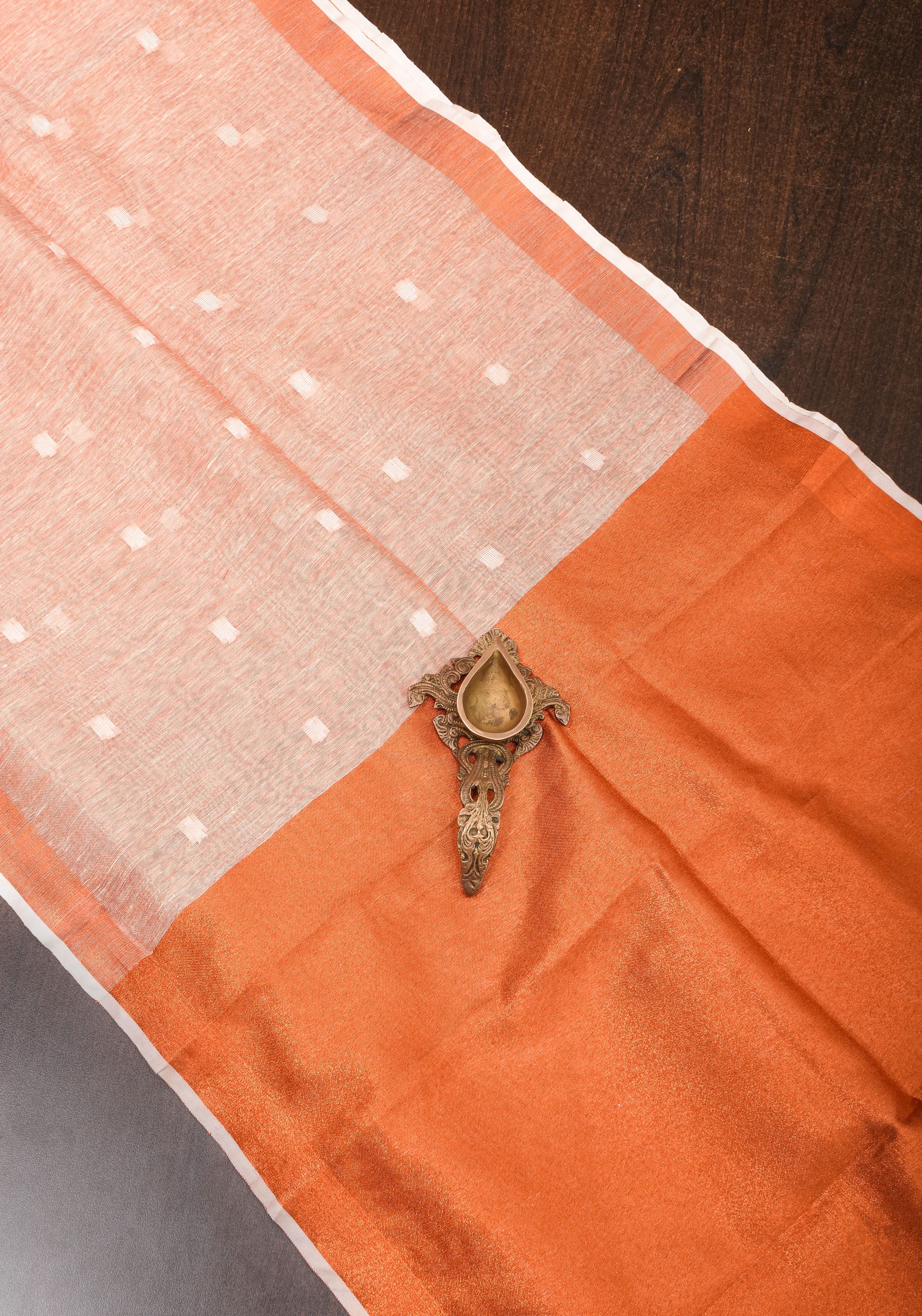 Peach Copper Tissue Linen Saree with Chunri Buttas and Tissue Pallu | Shobitam