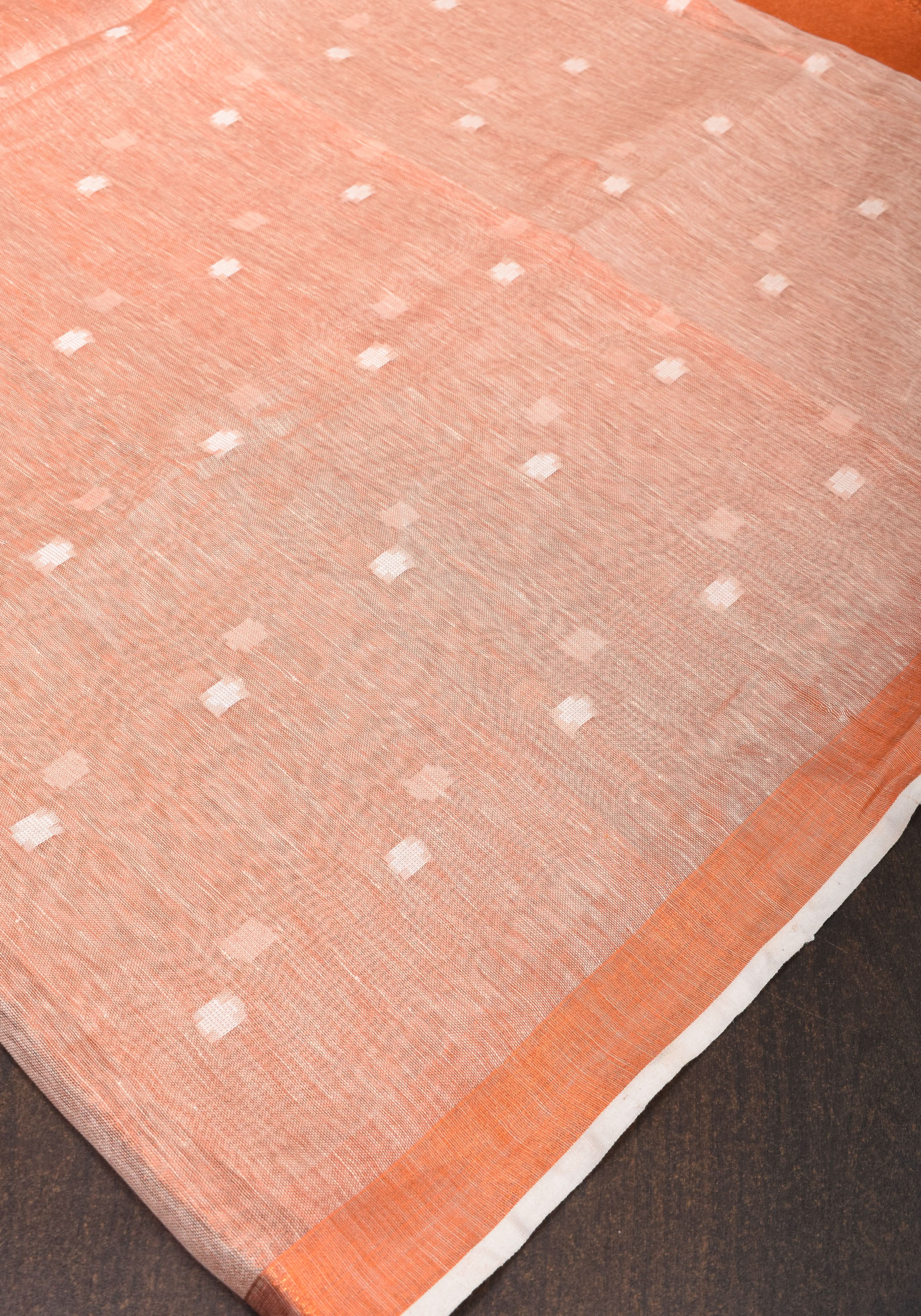 Peach Copper Tissue Linen Saree with Chunri Buttas and Tissue Pallu | Shobitam